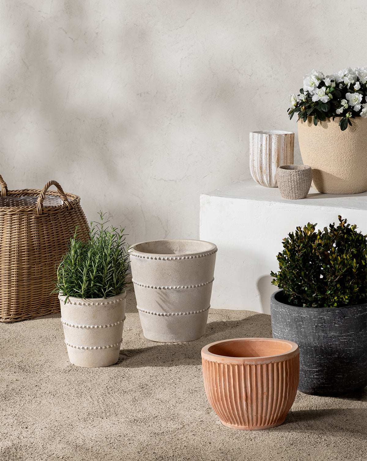 Assorted planter arrangement in various terracotta finishes for outdoor and indoor decor by McGee & Co.