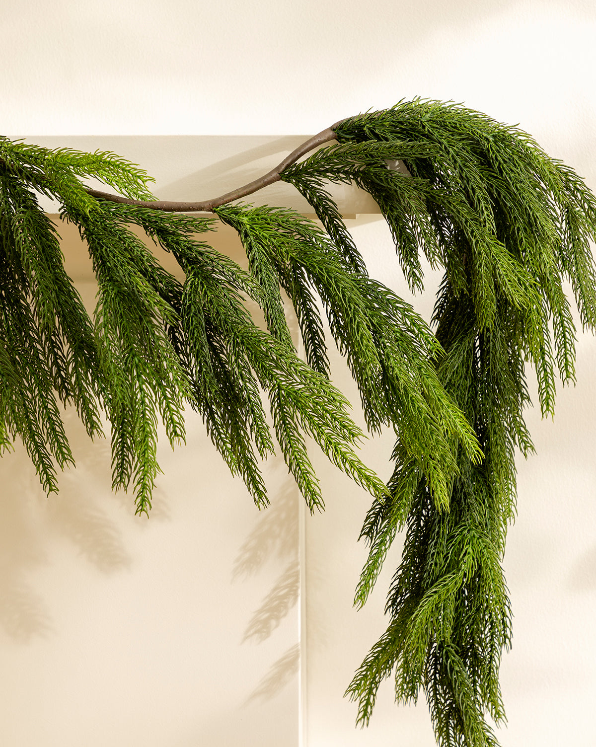The 6' Norfolk Pine Faux Garland features lush, lifelike branches draped over a light surface, casting soft wall shadows—ideal holiday greenery for any space, by McGee & Co.