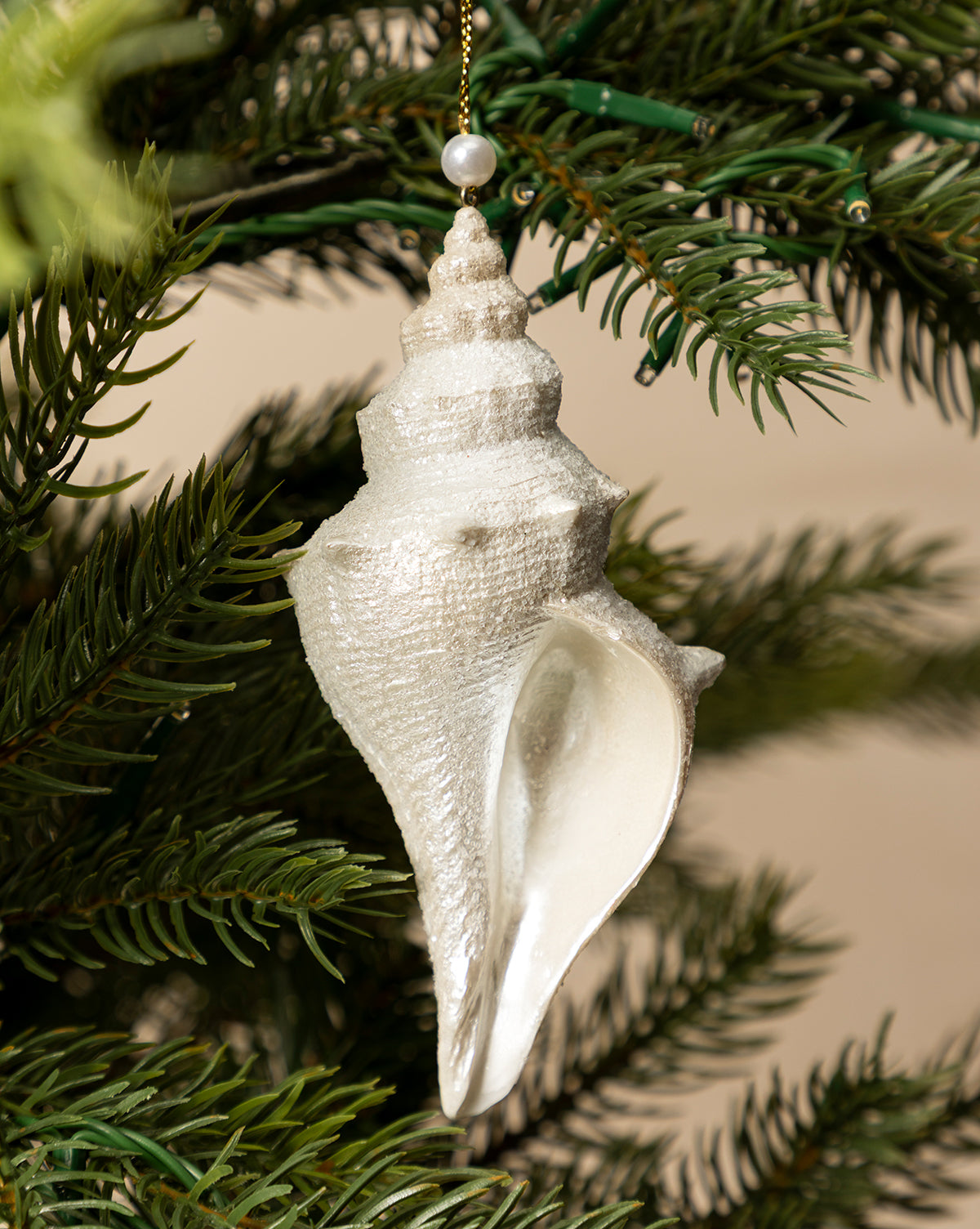 The Ivory Shell Ornament adds coastal charm to your holiday décor, hanging beautifully from a Christmas tree branch amid lush green pine needles, by McGee & Co.