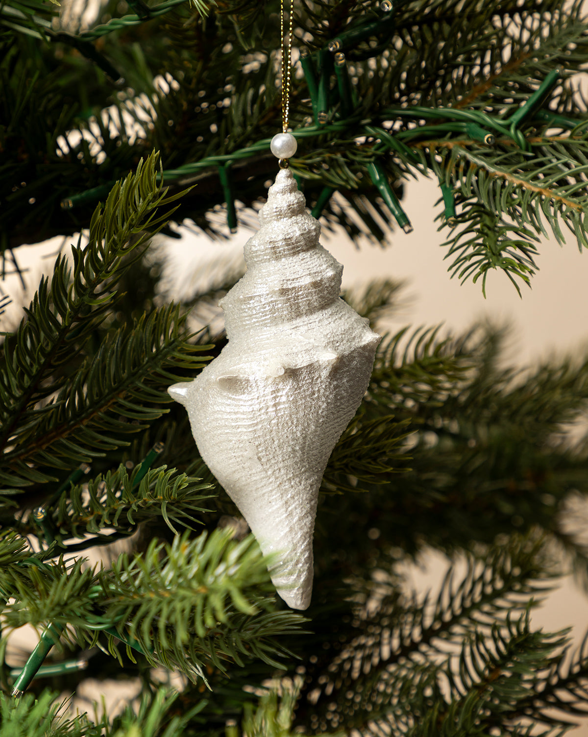 The Ivory Shell Ornament hangs from a gold string on a green Christmas tree branch, bringing a touch of coastal charm to your holiday décor, by McGee & Co.