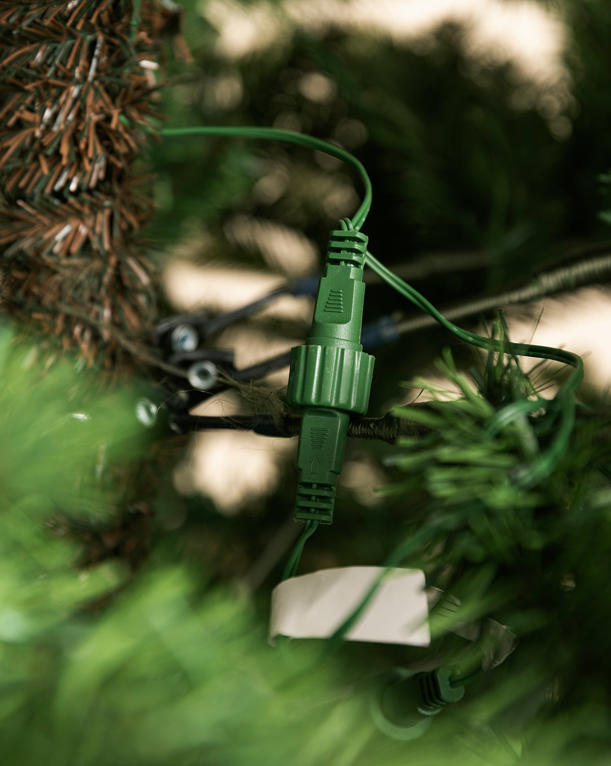 A close-up shows a green electrical connector plugged together among branches, part of the 9' Allison Pine Pre-Lit Faux Tree, by McGee & Co.