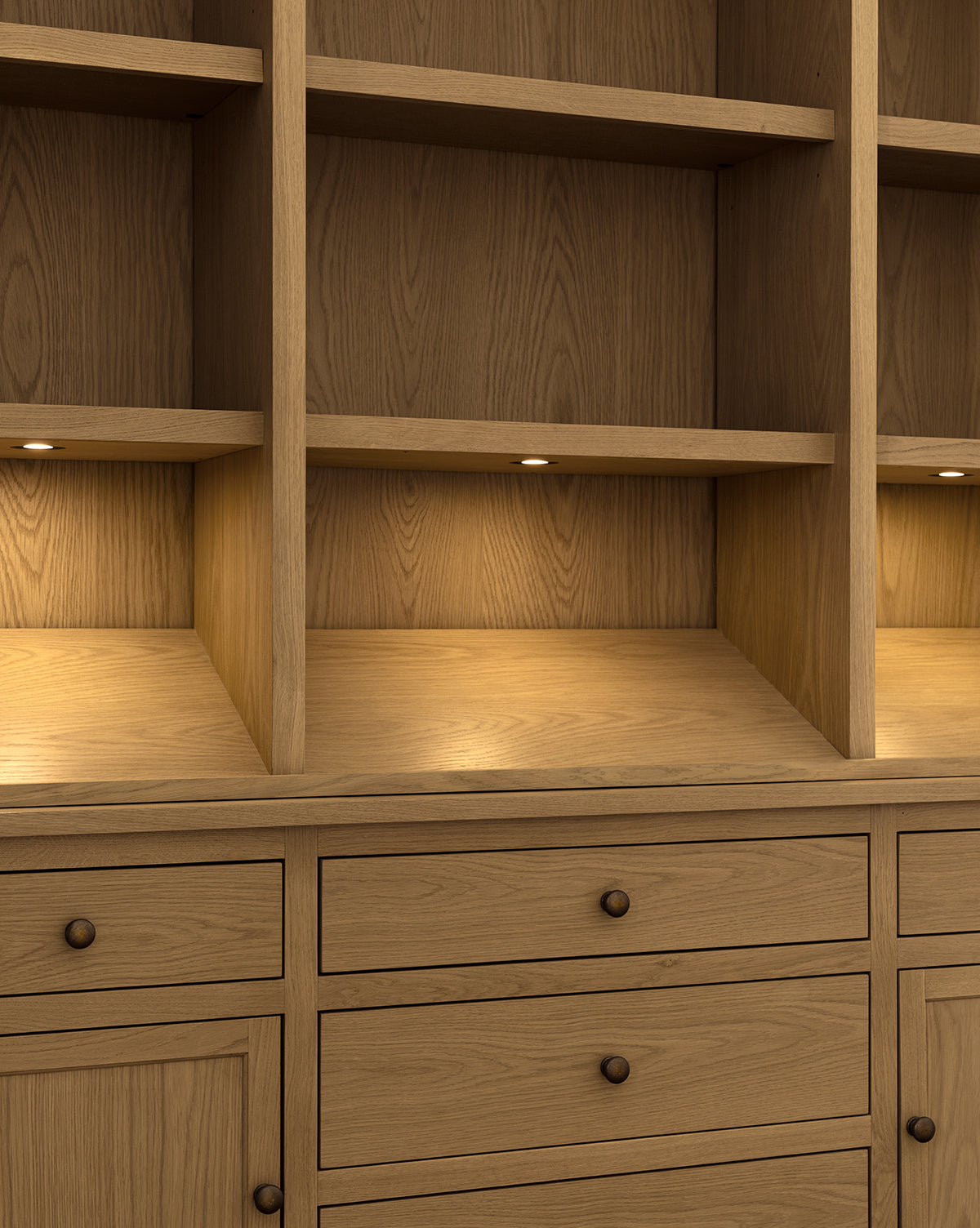 The Adler Oak Cabinet features shelves and drawers with integrated lighting, empty open compartments, and a wood grain pattern for warm, organized storage, by McGee & Co.