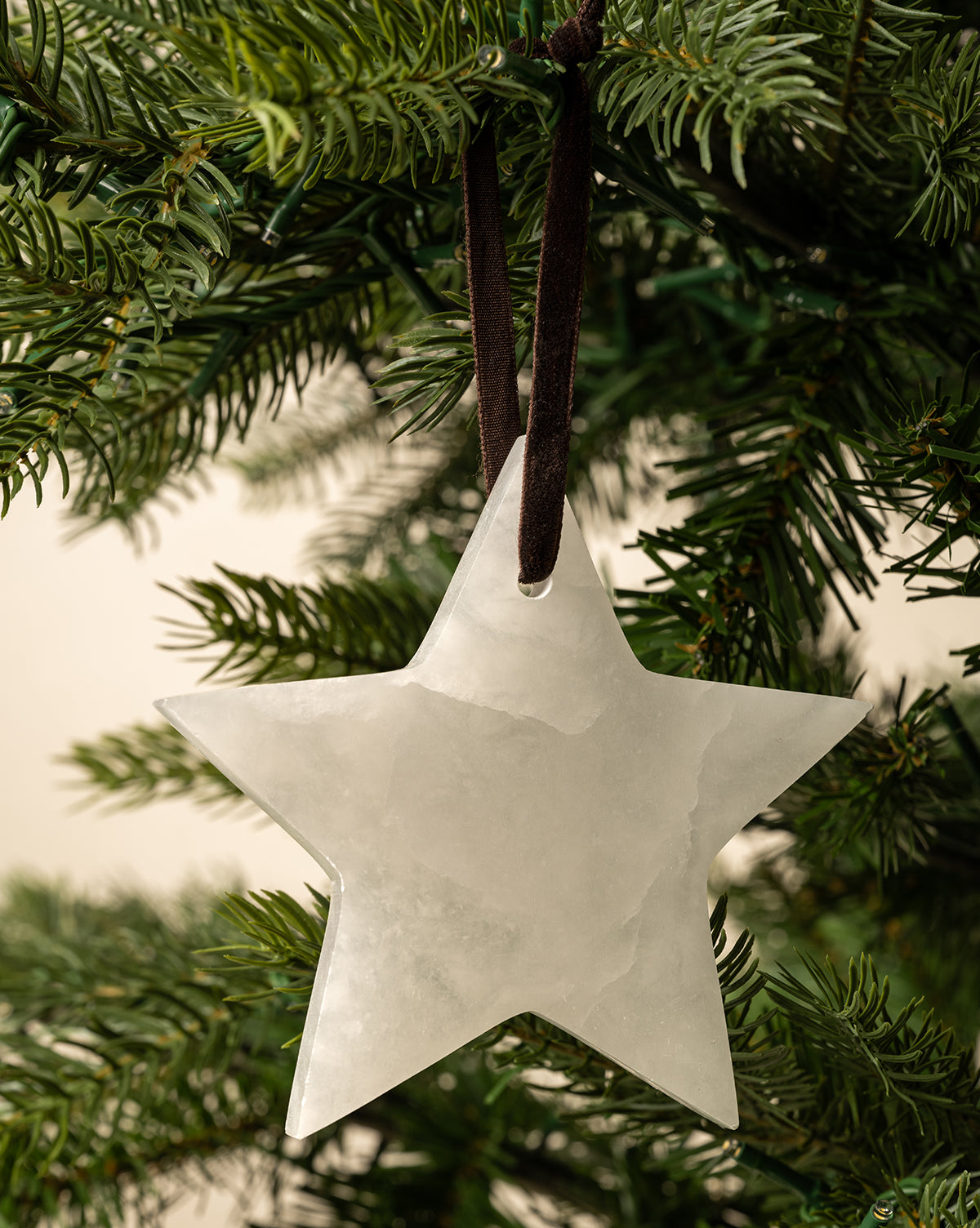 Alabaster Star Ornaments (Set of 2) hang from dark ribbons on your Christmas tree, adding a touch of elegance to your festive decor, by McGee & Co.