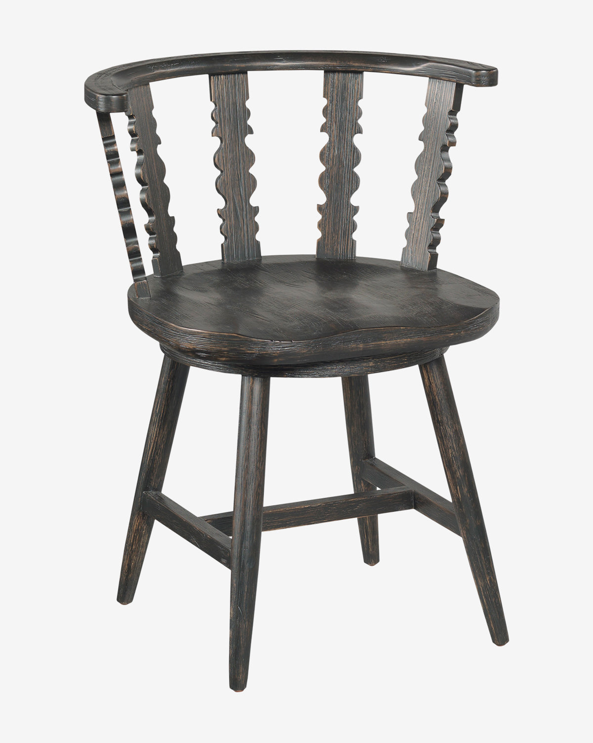 The Alaric Dining Chair features a vintage oak design with a curved backrest, three ornate zigzag-patterned spindles, a round seat, and four angled legs joined by horizontal supports, by McGee & Co.