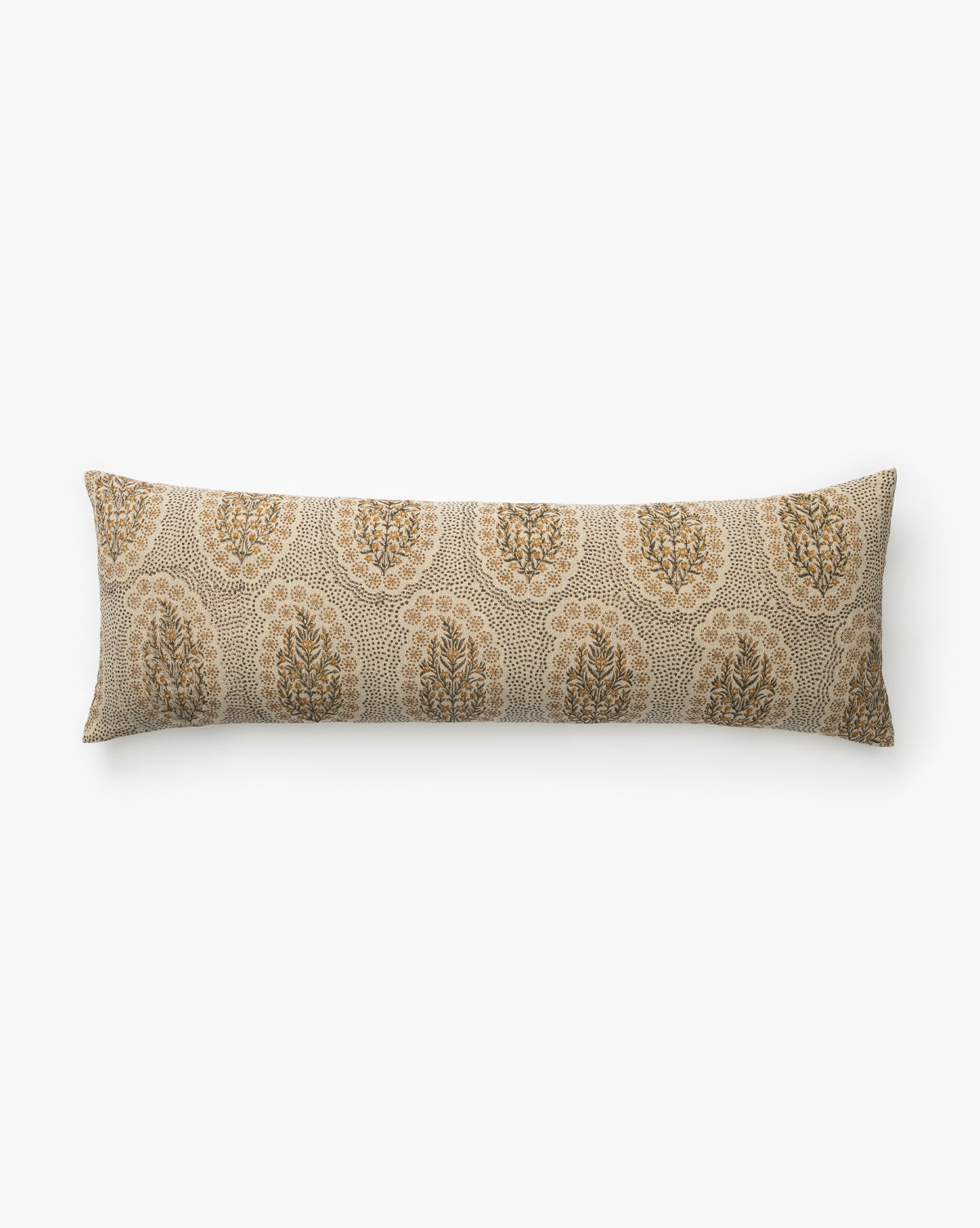 The Amedea Pillow is a long rectangular lumbar pillow featuring a beige background with intricate circular floral patterns in brown and gold, by McGee & Co.
