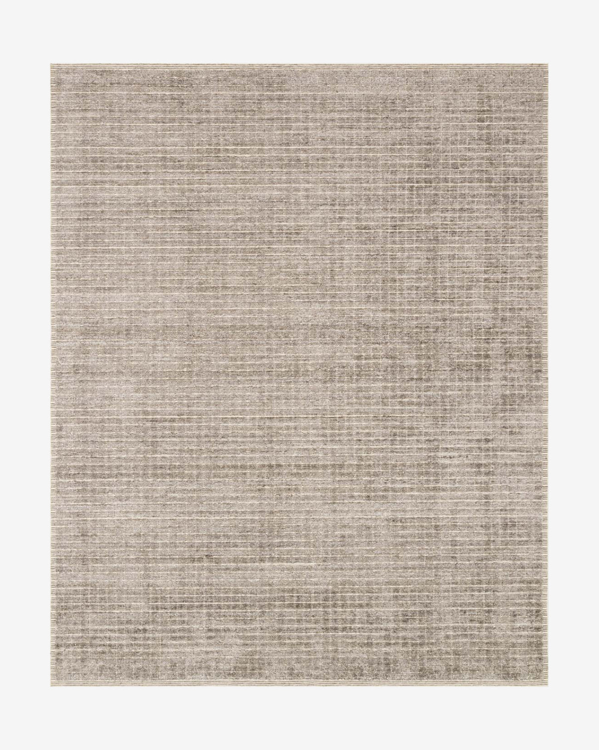 The Ameglia Stone Rug is a rectangular hand-loomed piece with a subtle, textured pattern in neutral beige and light brown tones, featuring faint horizontal and vertical lines for a modern, minimalist look, by McGee & Co.