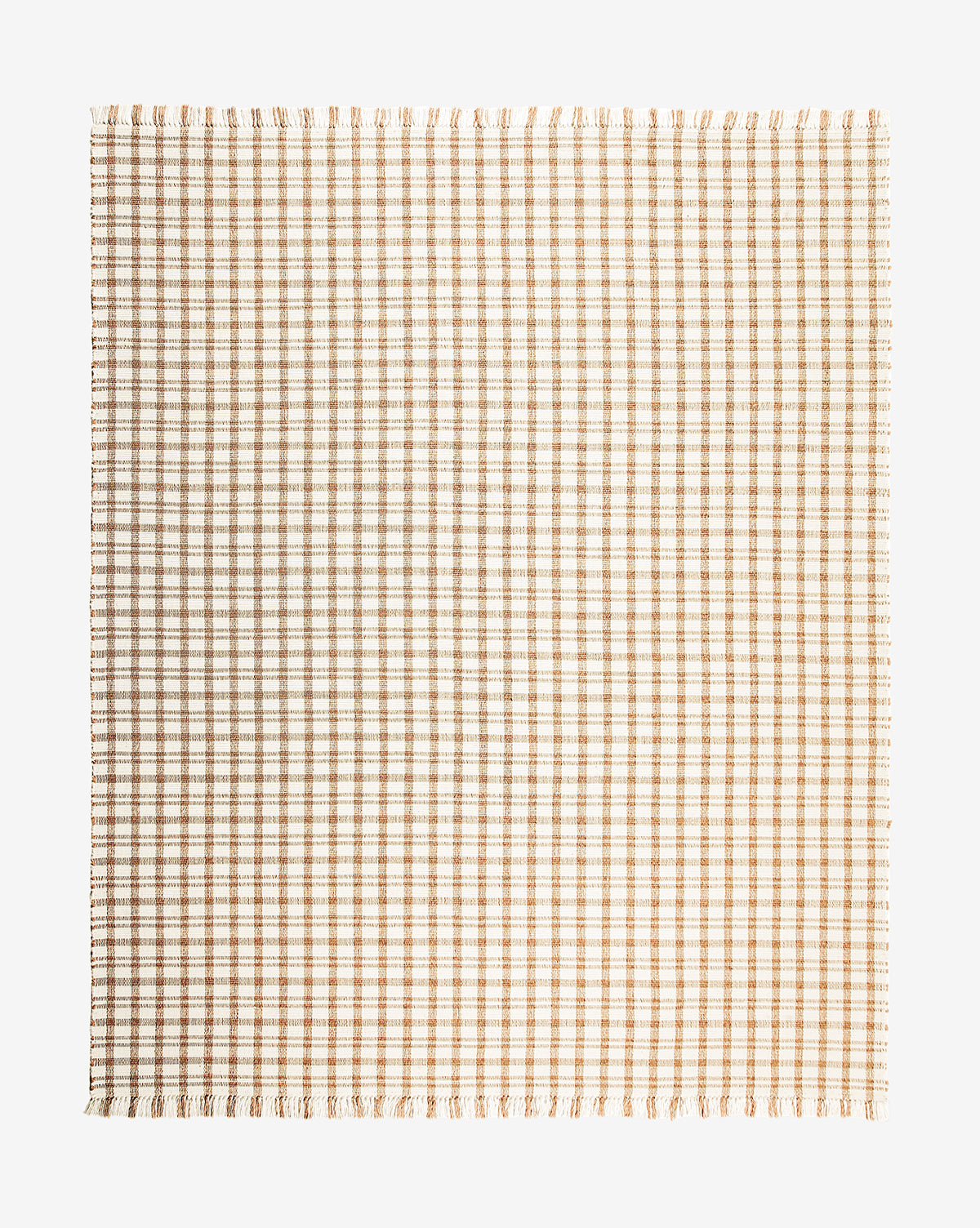The Amherst Handwoven Indoor/Outdoor Rug features a square shape with a simple beige and white checkered pattern and short fringes along the edges, shown on a plain white background by McGee & Co.