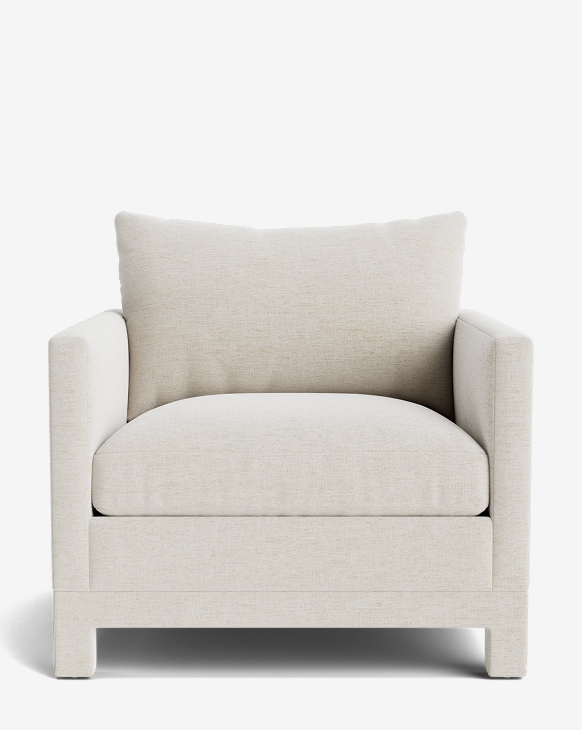 The Appoline Lounge Chair from our Upholstery Collection is a modern, oversized armchair in light beige fabric with a plush seat cushion, large back pillow, and wide armrests. Made to order, it sits on short block feet, by McGee & Co.
