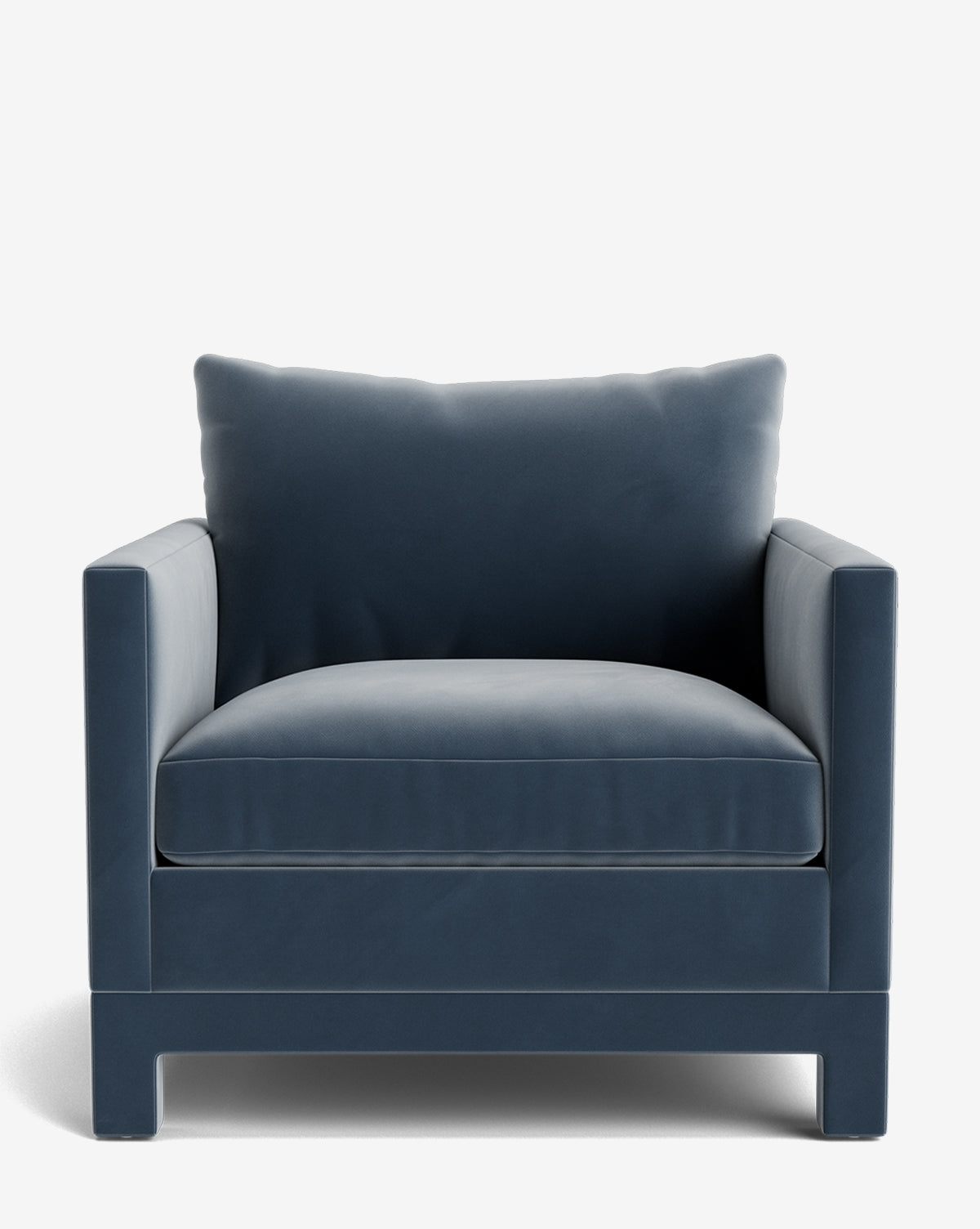The Appoline Lounge Chair from our Upholstery Collection is a deep blue armchair with square arms, a plush seat cushion, and a large matching back cushion, shown against a plain white background by McGee & Co.
