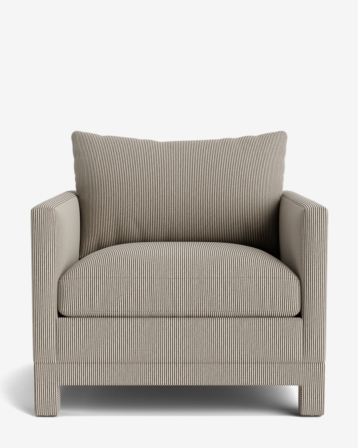 Part of our Upholstery Collection, the Appoline Lounge Chair features straight arms, a wide seat in light striped fabric, and includes a matching cushion plus block-style legs for a modern look, by McGee & Co. Made to order.