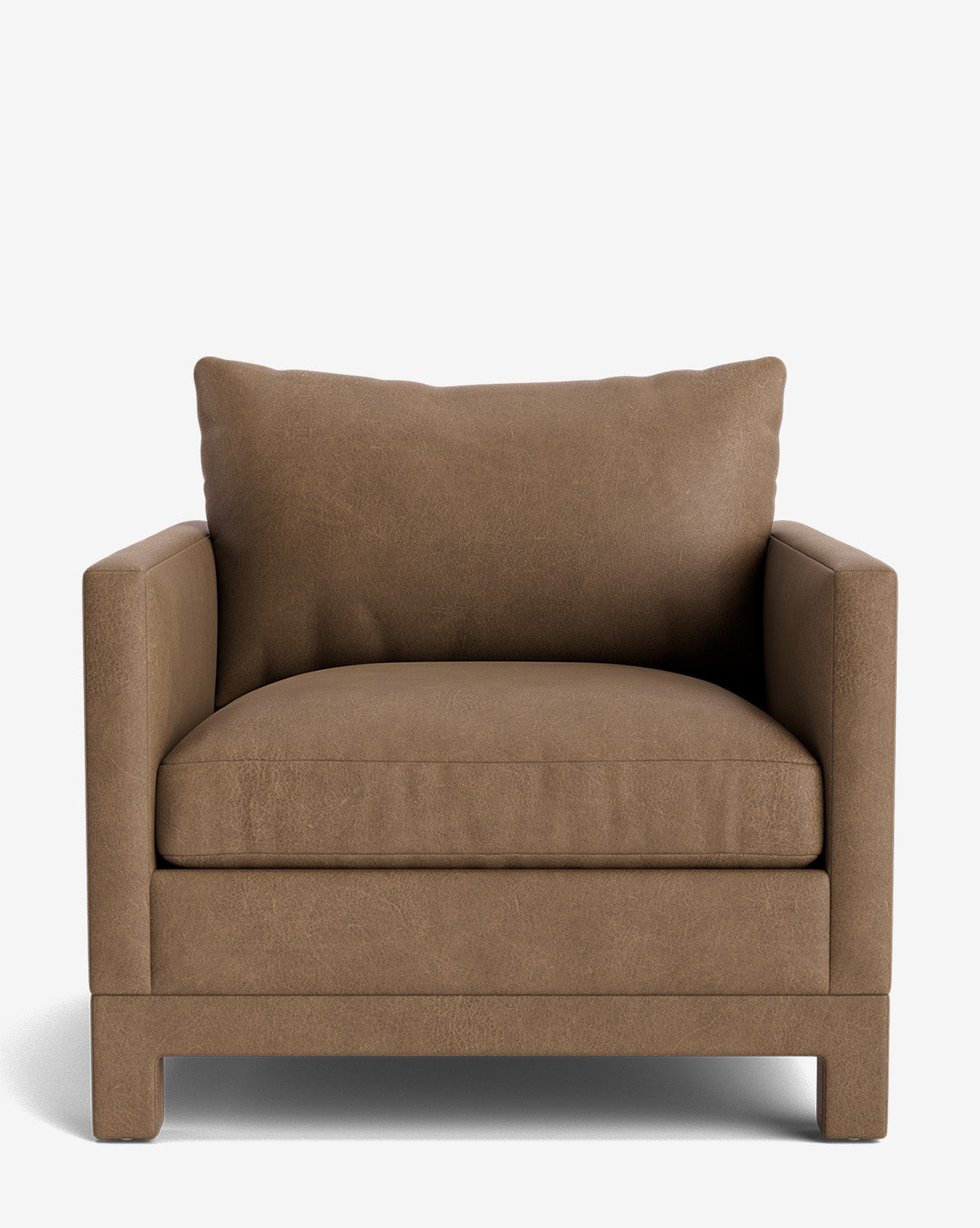Part of our Upholstery Collection, the Appoline Lounge Chair features a brown leather finish, wide cushioned seat, thick backrest pillow, and square armrests—all made to order and shown front-facing on a plain white background, by McGee & Co.