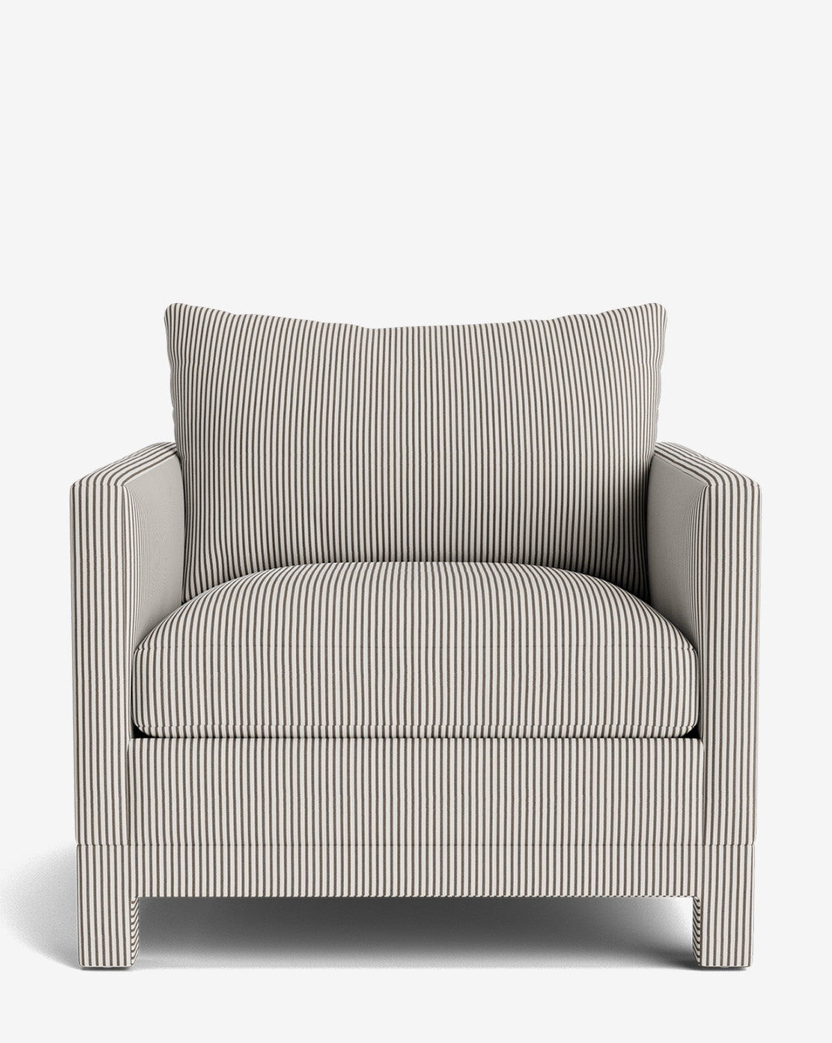 The Appoline Lounge Chair features a thick cushion and wide pillow backrest, upholstered in vertically striped fabric from our Upholstery Collection. Shown front-facing on a white background, this modern chair is available made to order, by McGee & Co.