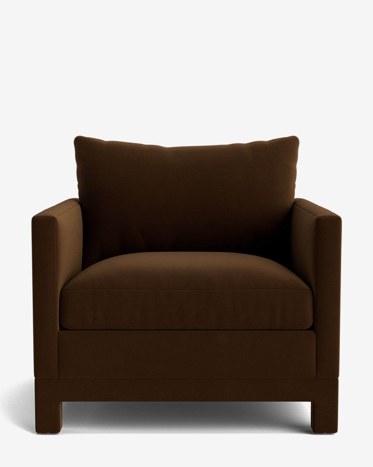 The Appoline Lounge Chair from our Upholstery Collection is a wide, overstuffed modern seat in dark brown fabric with thick cushions and square armrests, shown against a plain white background by McGee & Co.