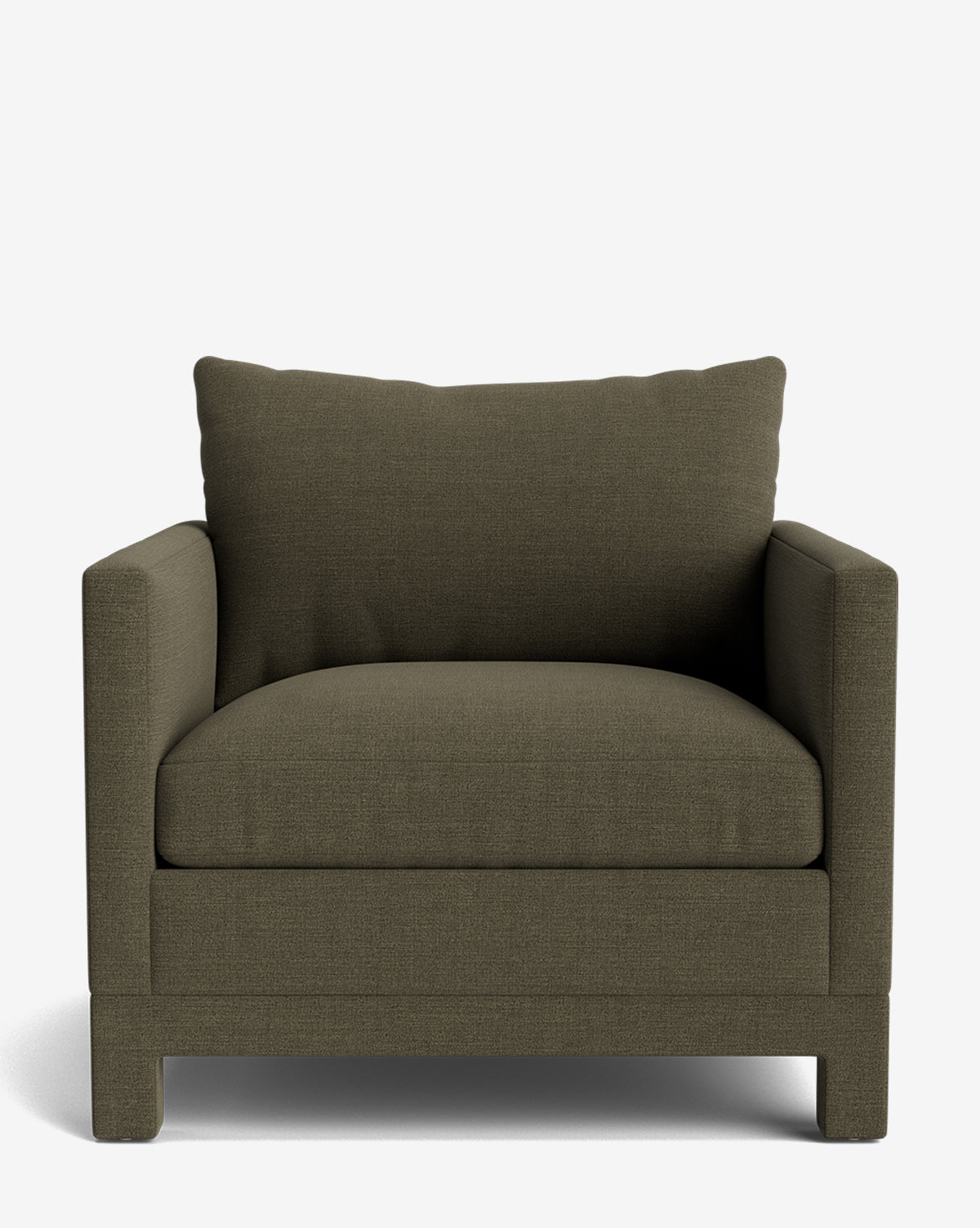 A front view of the Appoline Lounge Chair from our Upholstery Collection, showcasing straight arms, dark olive green fabric, a plush back cushion and seat, all on short block legs against a plain white background, by McGee & Co.