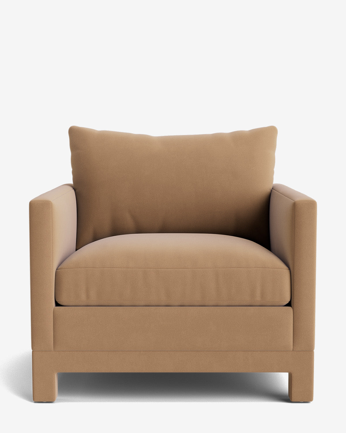 The Appoline Lounge Chair from the Upholstery Collection features tan upholstery, wide padded arms, a thick seat cushion, and a plush back pillow—made to order and shown against a plain white background by McGee & Co.