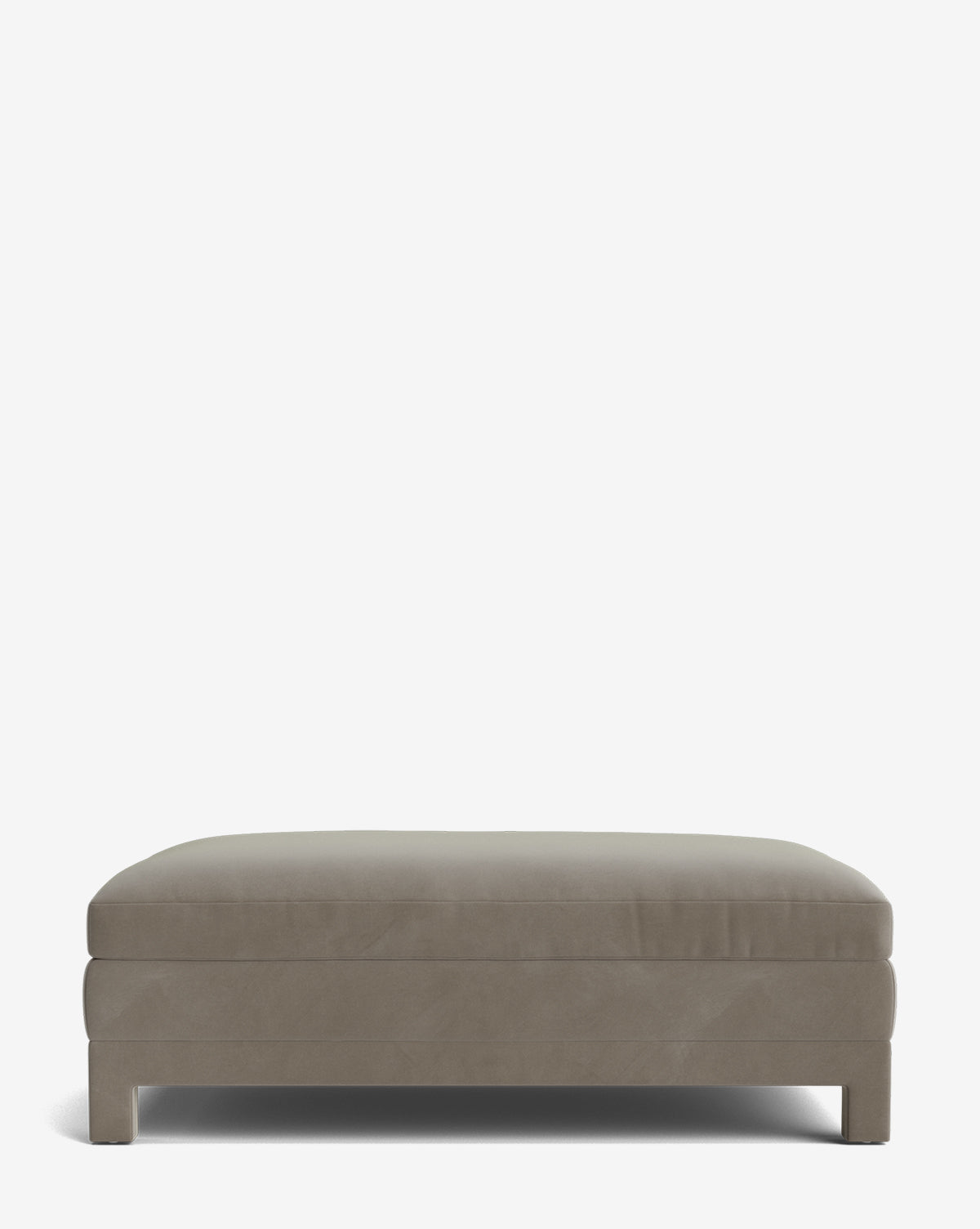 The Appoline Ottoman is a rectangular, grey upholstered piece with short legs and clean lines, shown on a plain white background. Its smooth surface and modern design blend simplicity with contemporary style, by McGee & Co.