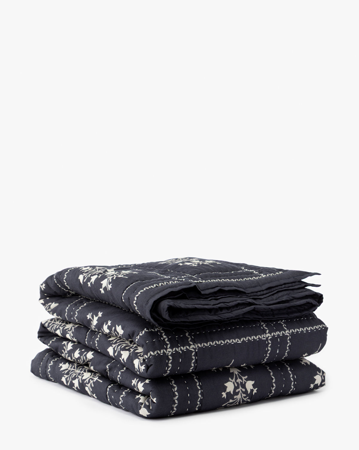 The Atherton Quilt, featuring a dark blue floral design with white stitch patterns and handmade artistry, is neatly folded and displayed on a plain white background, by McGee & Co.