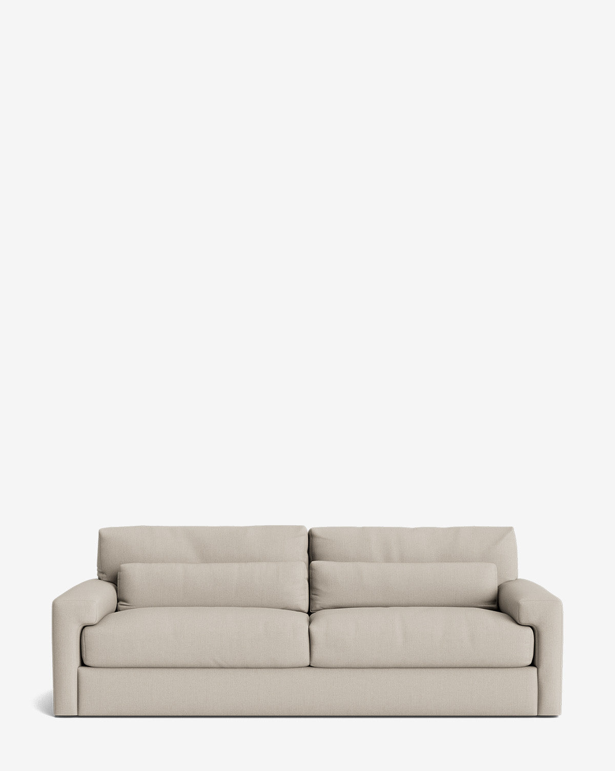 The Beckstead Sofa 92 is a modern, light beige sofa with two seat and two back cushions, low armrests, and a minimalist design, shown against a plain white background by McGee & Co.