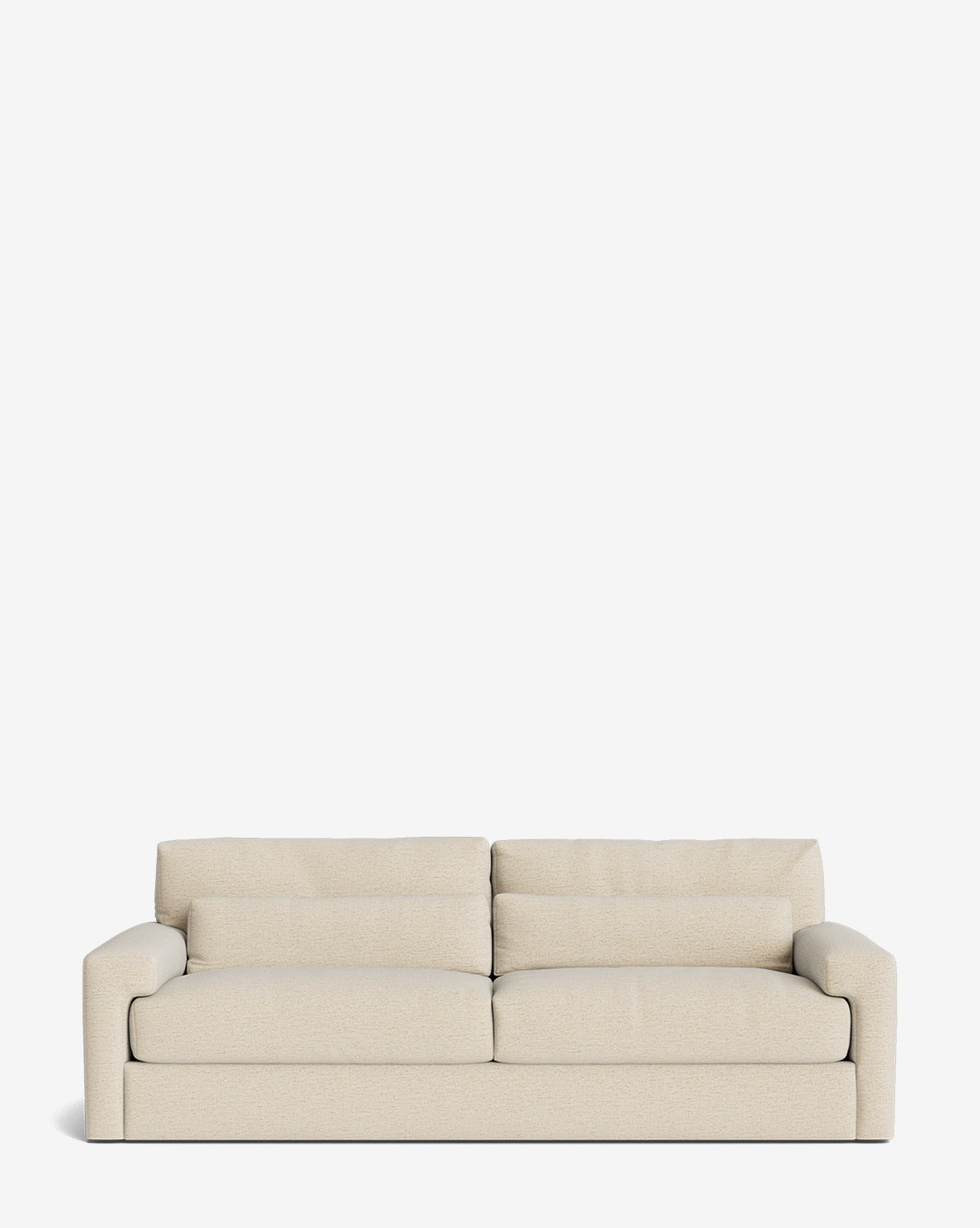 The Beckstead Sofa 92 is a modern, beige upholstered piece with two seat cushions and two large back cushions, low rounded armrests, and a simple, contemporary design. Shown against a plain white background, it’s also customizable by McGee & Co.