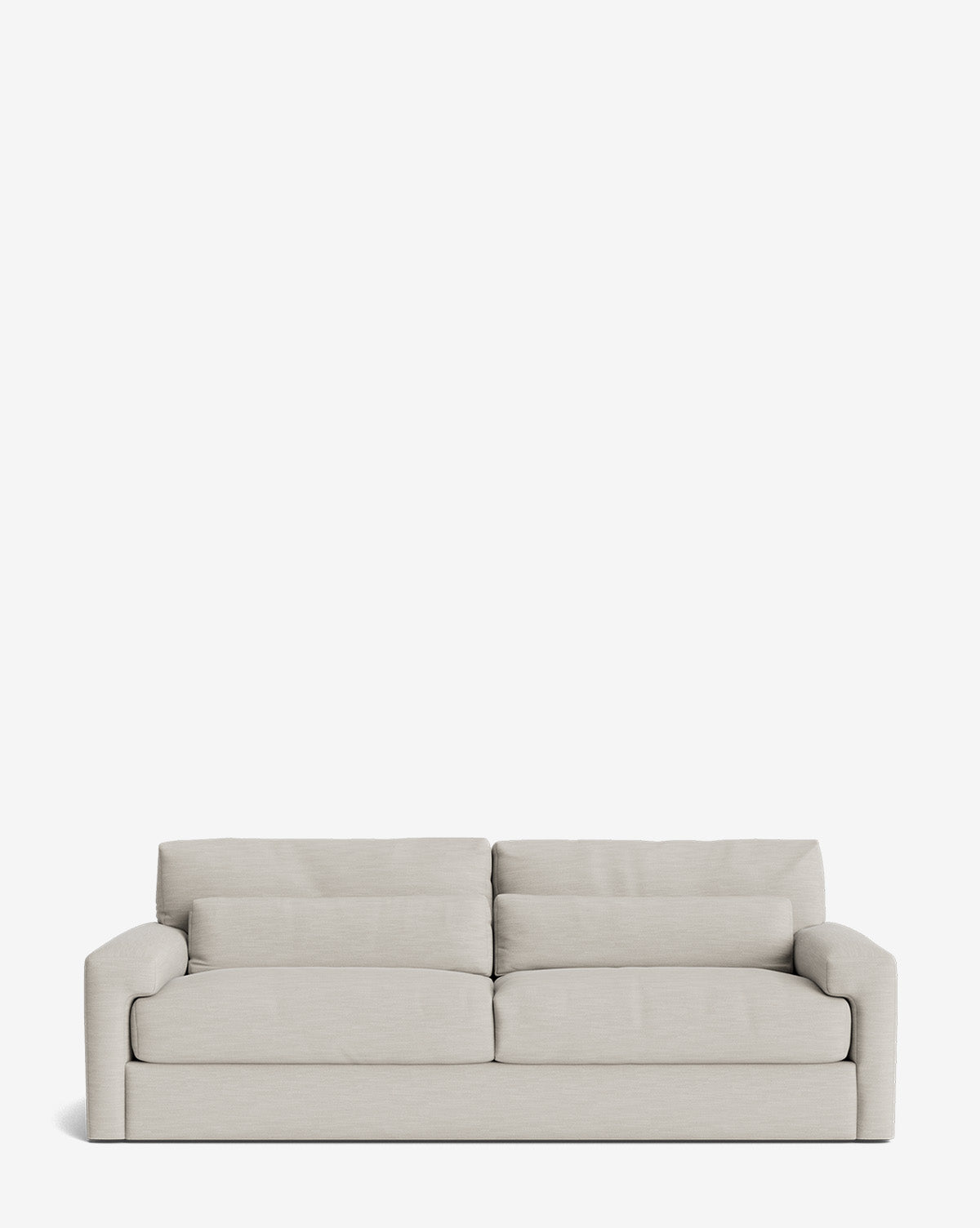The Beckstead Sofa 92 is a modern, light beige customizable sofa with two seat and two back cushions, low rounded arms, and a minimalist design, shown against a plain white background by McGee & Co.