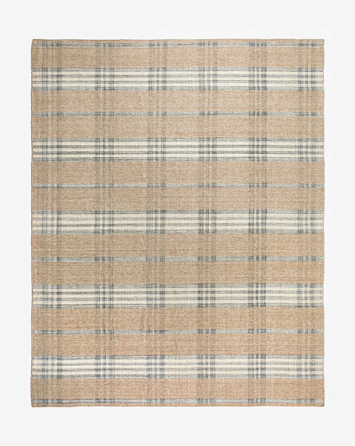 The Berkeley Handwoven Indoor/Outdoor Rug is a square rug with a plaid pattern in beige, gray, and off-white tones, featuring horizontal and vertical stripes for a classic checkered look by McGee & Co.