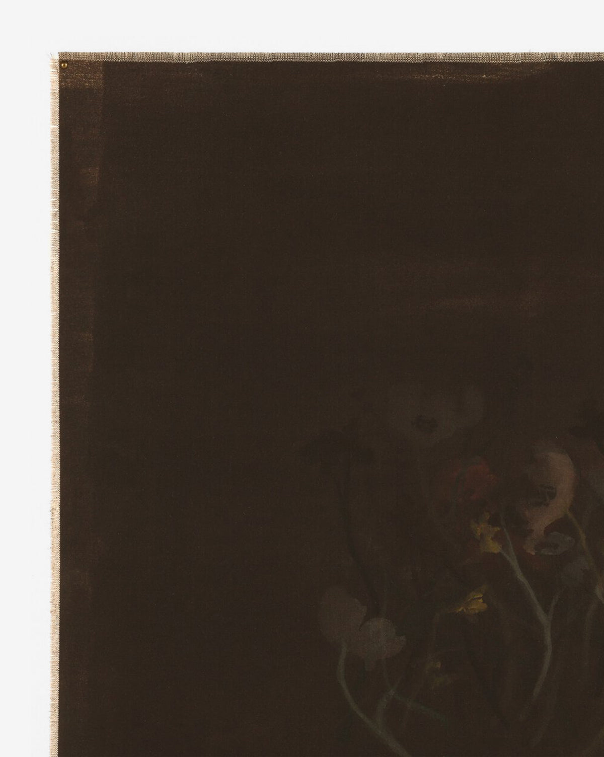 Bloom II by Brittney Schulz is a handmade wall art piece featuring a dark, nearly monochromatic design with subtle floral outlines in the bottom right corner and an exposed top left canvas, enhancing its expressive artistic style, by McGee & Co.