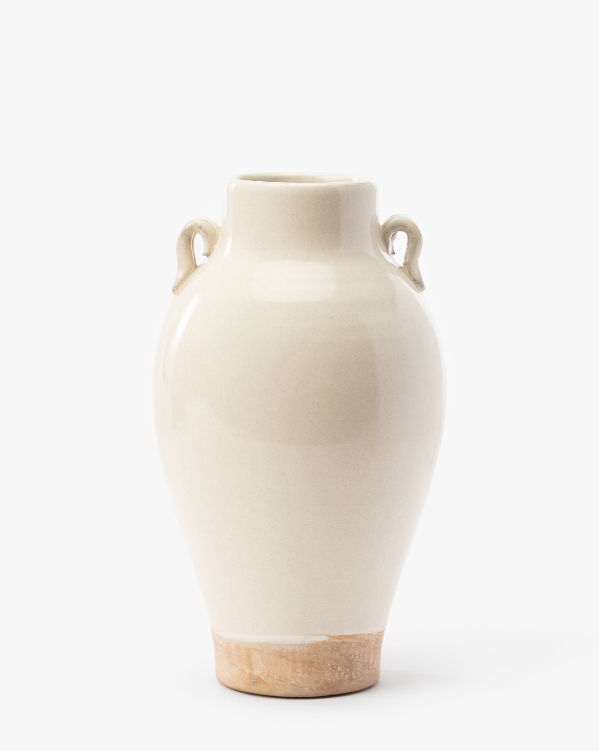 The Brinkerhoff Two Handled Vase is a cream-colored decorative piece with a glossy finish, small side handles near the neck, a slightly rough unglazed base, and a simple rounded shape perfect for any setting, by McGee & Co.