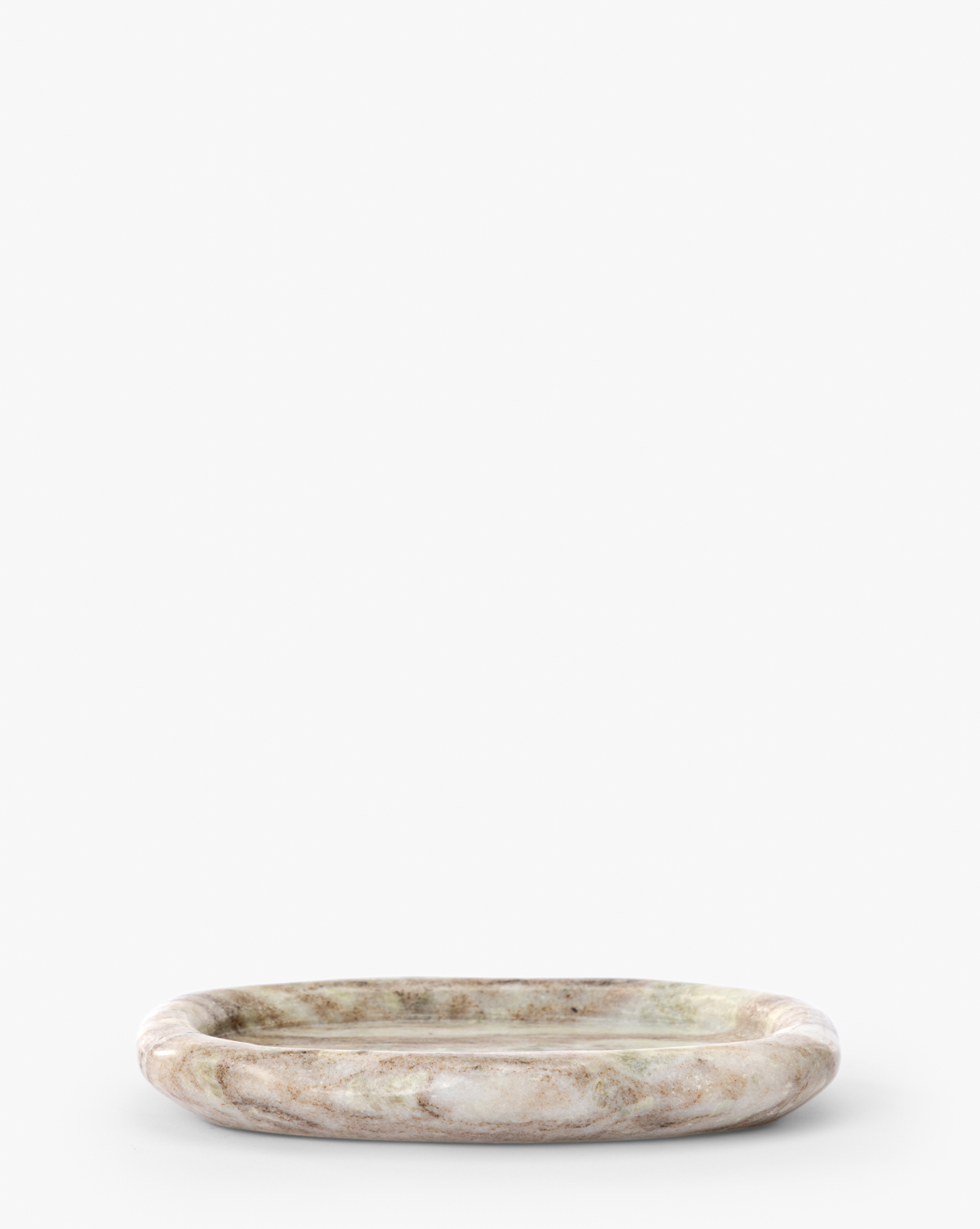 The Bristol Tray is a shallow, round marble vanity tray with a smooth rim and light grey, beige, and brown marbled patterns—ideal for organizing bathroom essentials—shown against a plain white background, by McGee & Co.