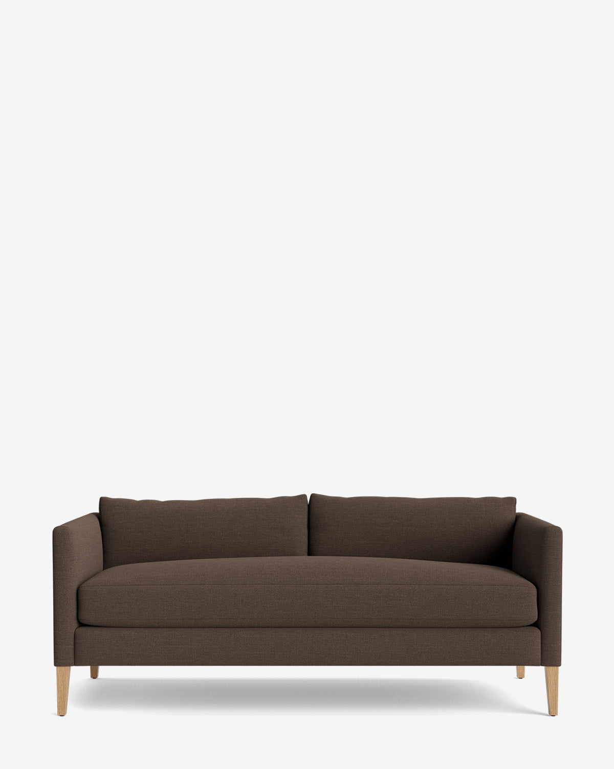 The Cade Sofa 80 is a modern brown fabric sofa with square arms, natural wood legs, and down-wrapped seat cushions, by McGee & Co. Set against a white background, it features a minimalist design with two large seat cushions.