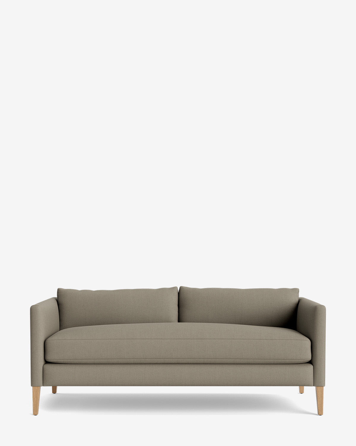 The Cade Sofa 80 features clean lines, a modern taupe finish, two down-wrapped back cushions, and wooden legs, shown against a plain white background by McGee & Co.