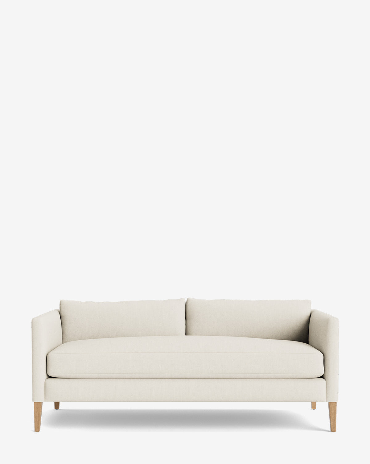 The Cade Sofa 80 is a modern, minimalist cream-colored down-wrapped sofa featuring clean lines, two back cushions, and light wooden legs, shown against a plain white background by McGee & Co.