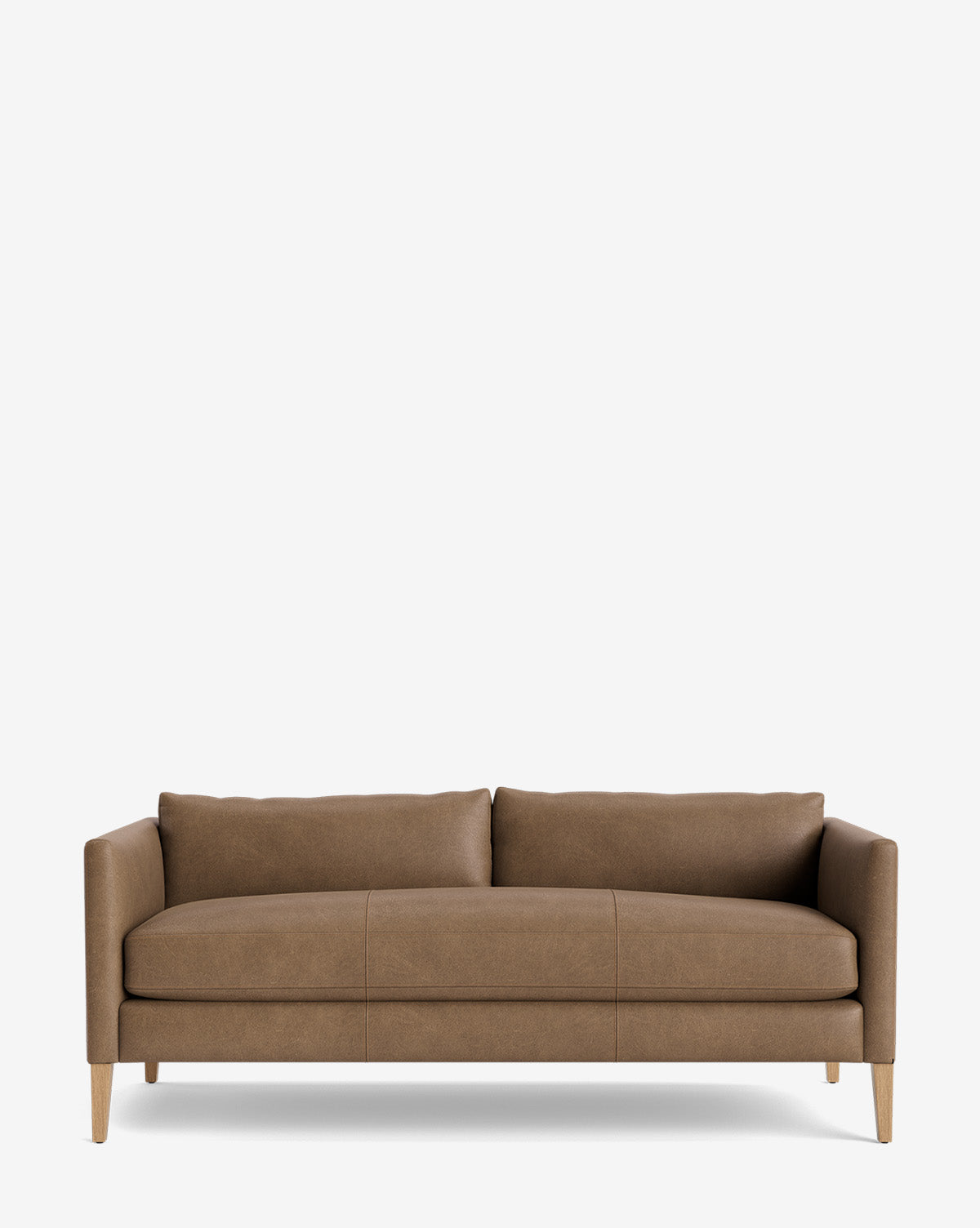 The Cade Sofa 80 is a brown, modern three-seater with straight arms and wooden legs, featuring two large seat cushions and two back cushions, by McGee & Co. Down-wrapped cushions add extra comfort. Shown against a plain white background.