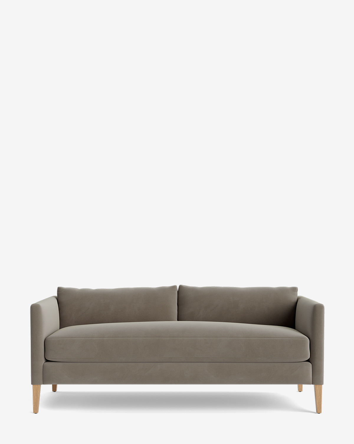 The Cade Sofa 80 is a modern grey upholstered sofa with a single seat cushion, two back cushions, slim straight arms, and wooden legs, shown against a plain white background by McGee & Co.