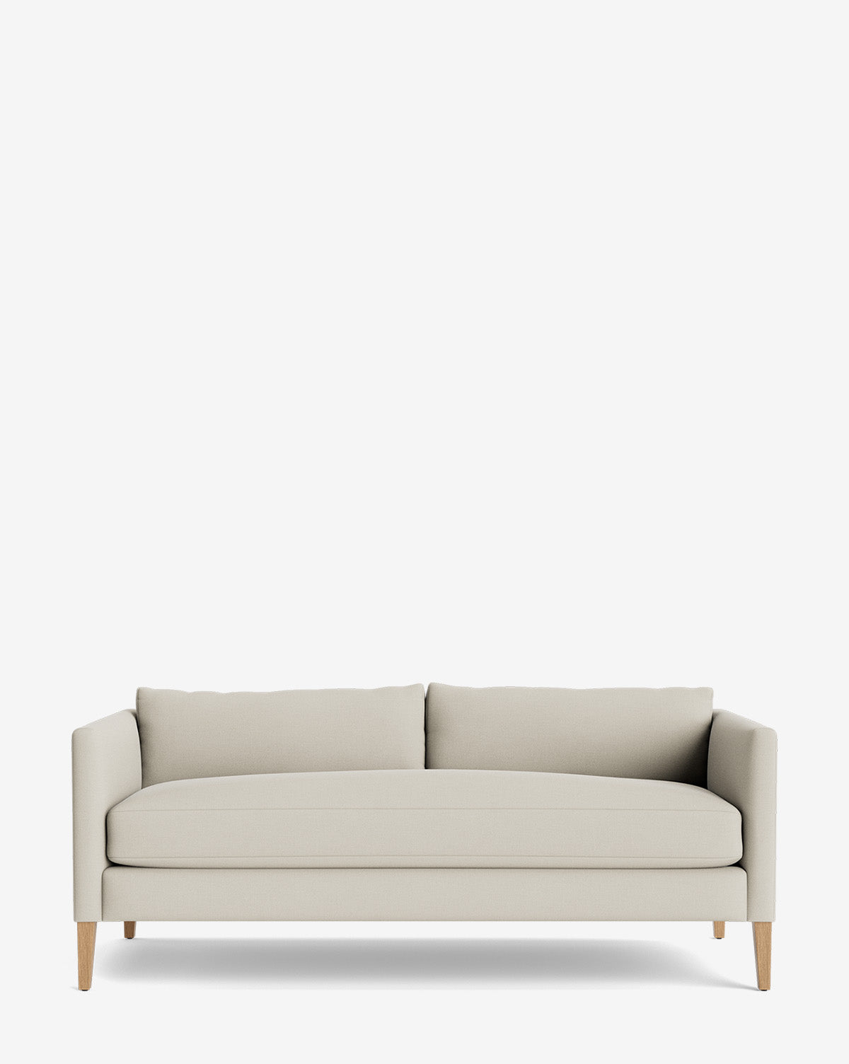 The Cade Sofa 80 is a modern, light beige single-cushion sofa with minimalist design, two back cushions, straight armrests, and wooden legs, set against a plain white background by McGee & Co.