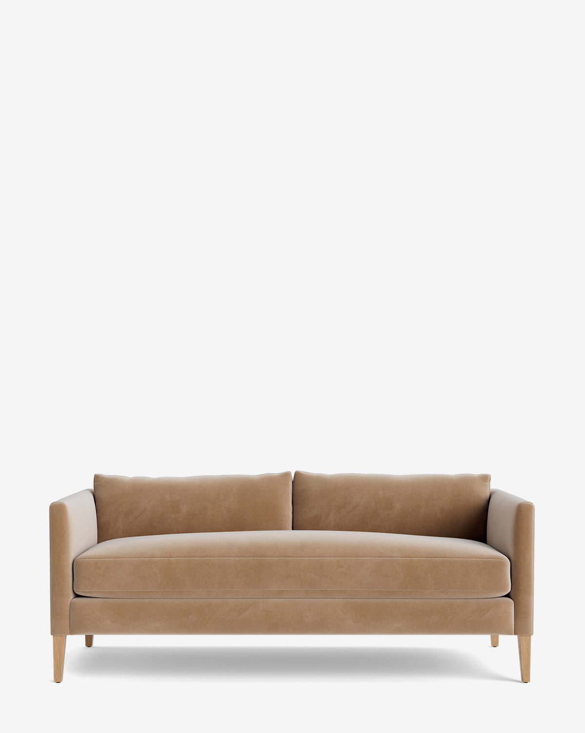 The Cade Sofa 80 is a modern, light brown upholstered sofa featuring a single cushion, two back cushions, clean lines, and angled wooden legs, shown against a plain white background by McGee & Co.