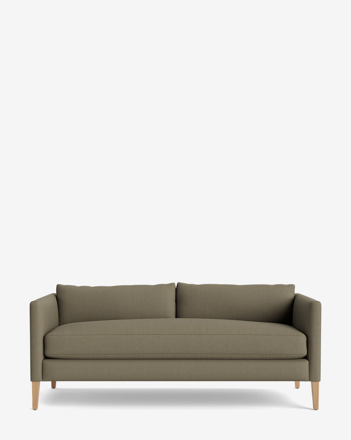 The Cade Sofa 80 is a modern olive green single-cushion sofa with clean lines, wooden legs, and two large back cushions, shown against a plain white background by McGee & Co.