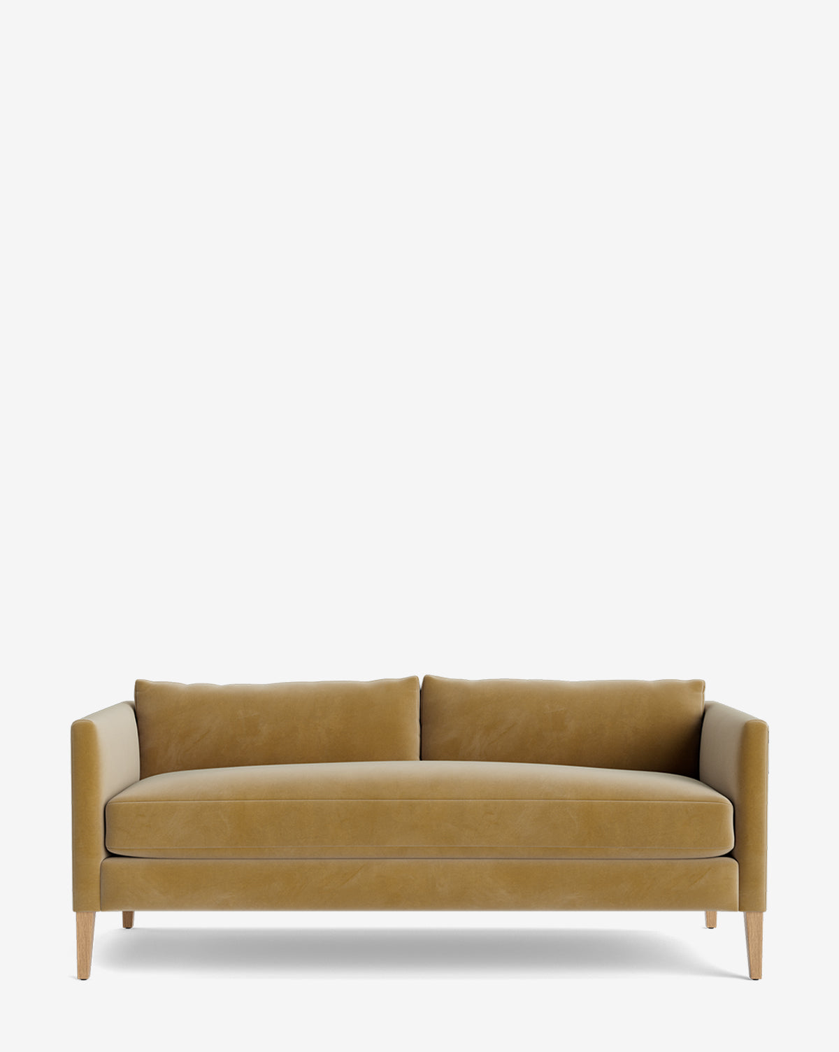 The Cade Sofa 80 is a modern, mustard-yellow velvet sofa with down-wrapped cushions, straight wooden legs, and a cushioned backrest, shown against a plain white background by McGee & Co.