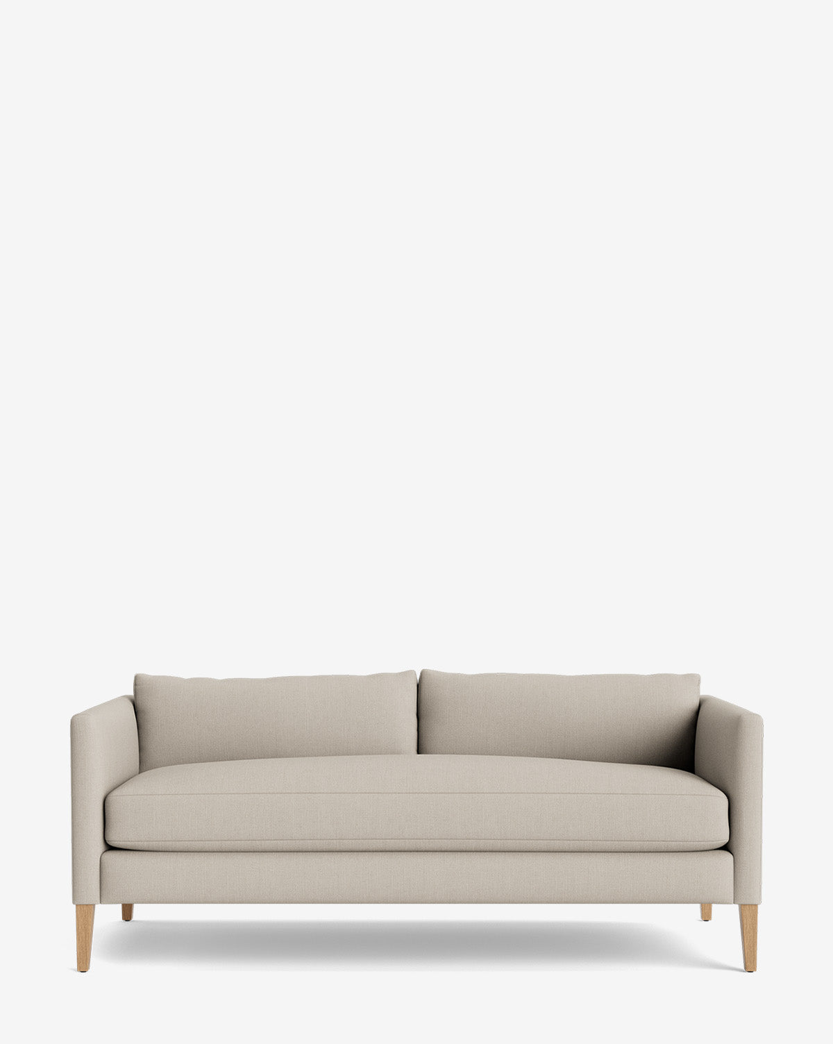 The Cade Sofa 80 features wooden legs, two back cushions, a minimalist design, and down-wrapped comfort, shown against a plain white background by McGee & Co.