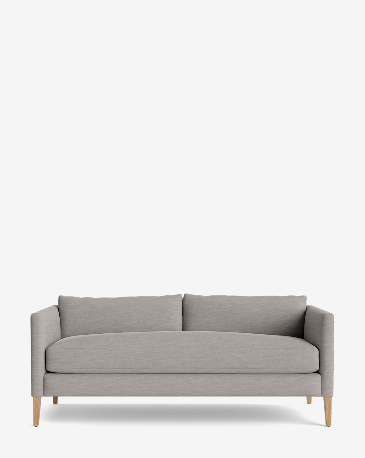 The Cade Sofa 80 features a modern design in light gray, with clean lines, down-wrapped seat cushions, two back cushions, and wooden legs, shown against a plain white background by McGee & Co.