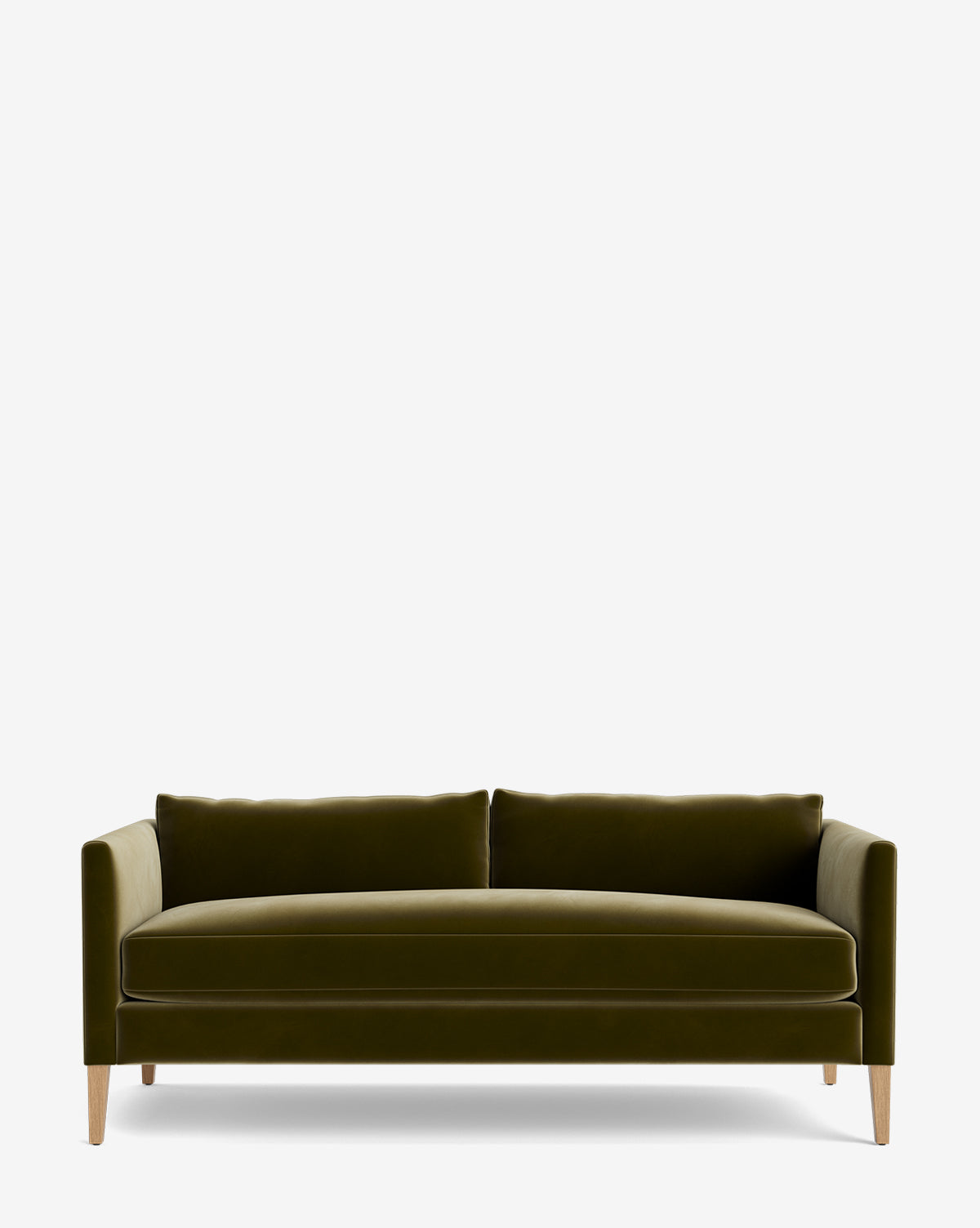 The Cade Sofa 80 features clean lines, an olive green velvet finish, down-wrapped seat cushions, and light wooden legs, showcased against a plain white background by McGee & Co.