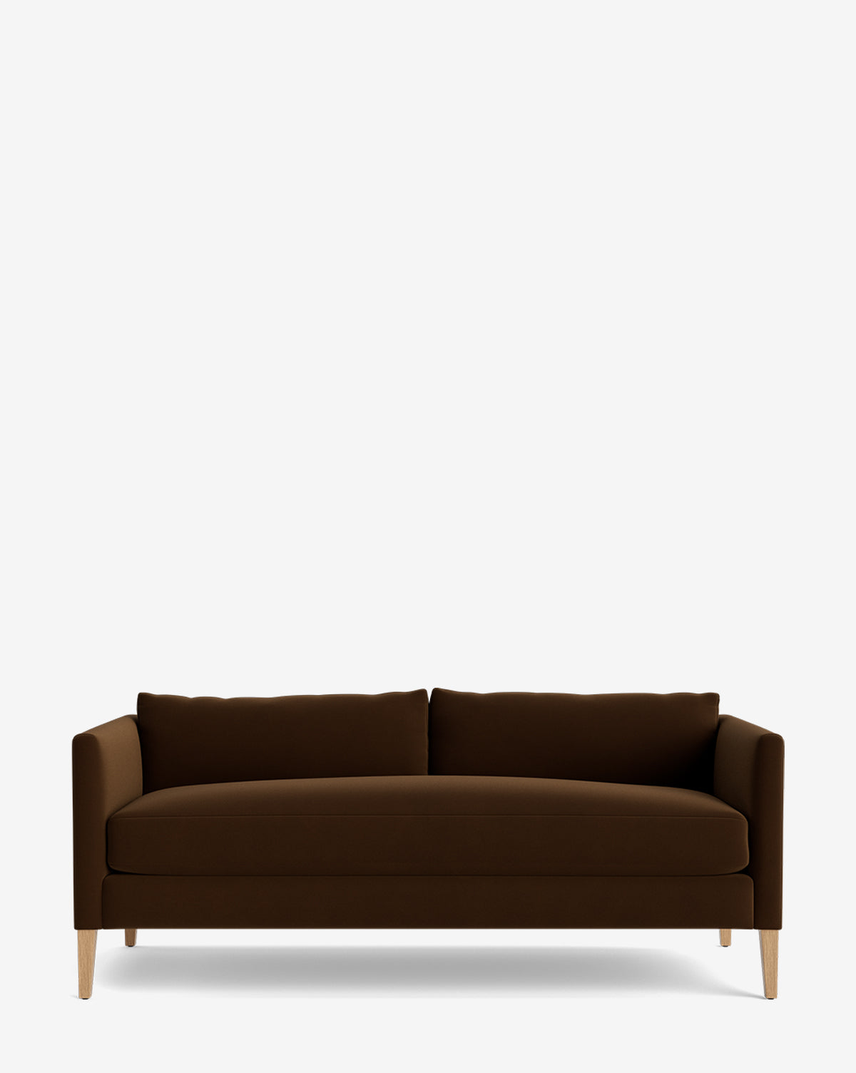 The Cade Sofa 80 features a modern design with dark brown upholstery, down-wrapped cushions, clean lines, two seat cushions, and light wooden legs, set against a plain white background by McGee & Co.