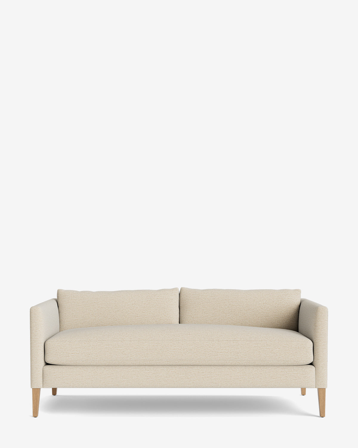 The Cade Sofa 80 features a modern beige down-wrapped upholstery, two back cushions, wooden legs, and clean straight lines, set against a plain white background by McGee & Co.