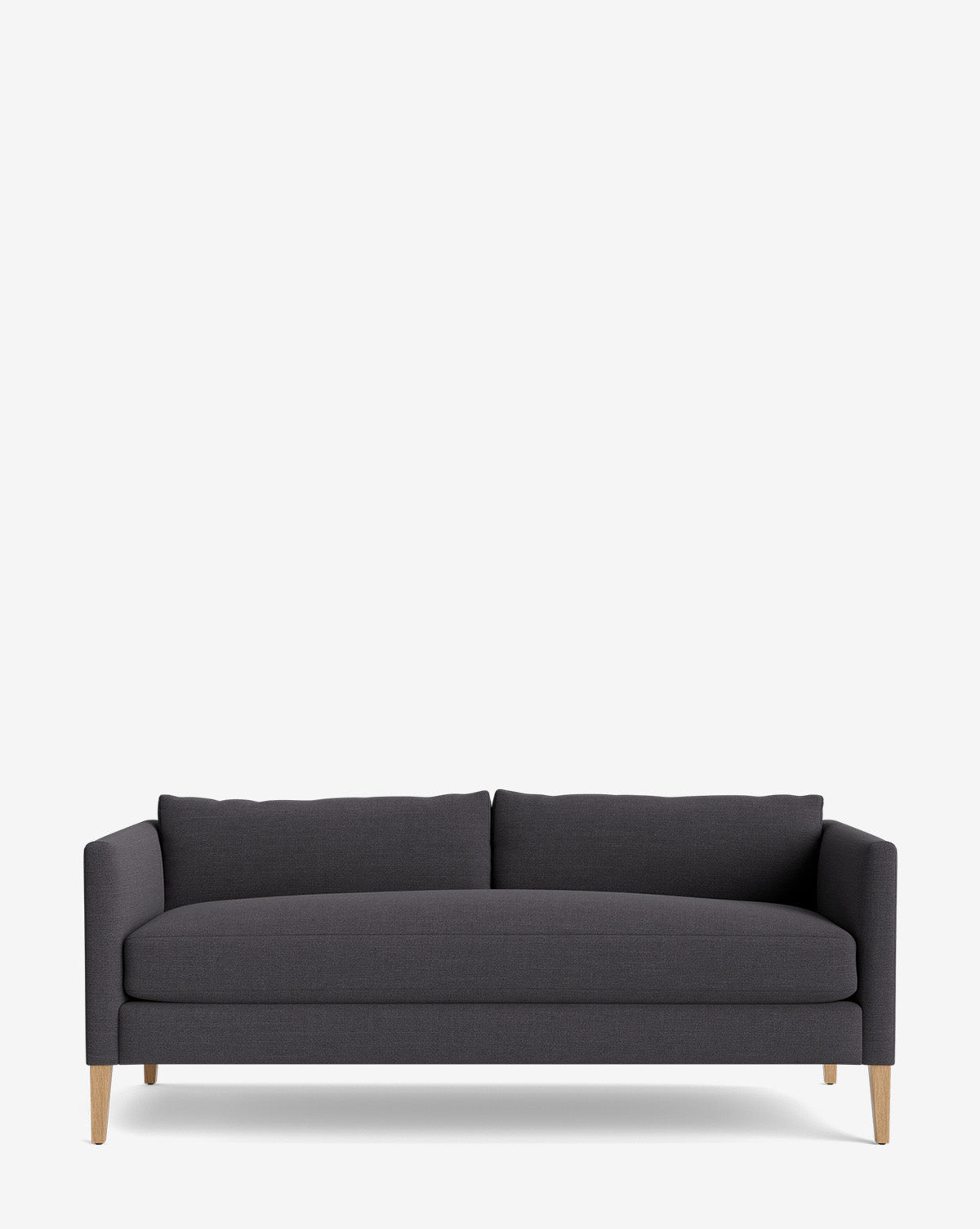 The Cade Sofa 80 is a modern dark gray upholstered single-cushion sofa with down-wrapped comfort and wooden legs, featuring clean lines and a minimalist design, shown against a plain white background by McGee & Co.