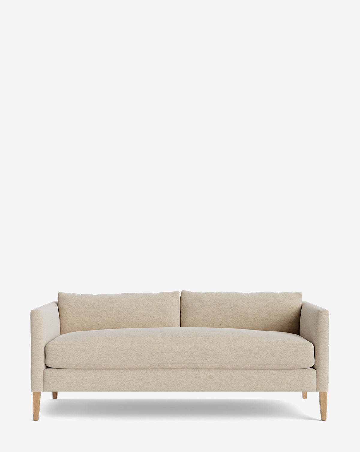 The Cade Sofa 80 is a modern beige down-wrapped sofa with two back cushions, straight arms, and light wooden legs, shown from the front against a plain white background by McGee & Co.