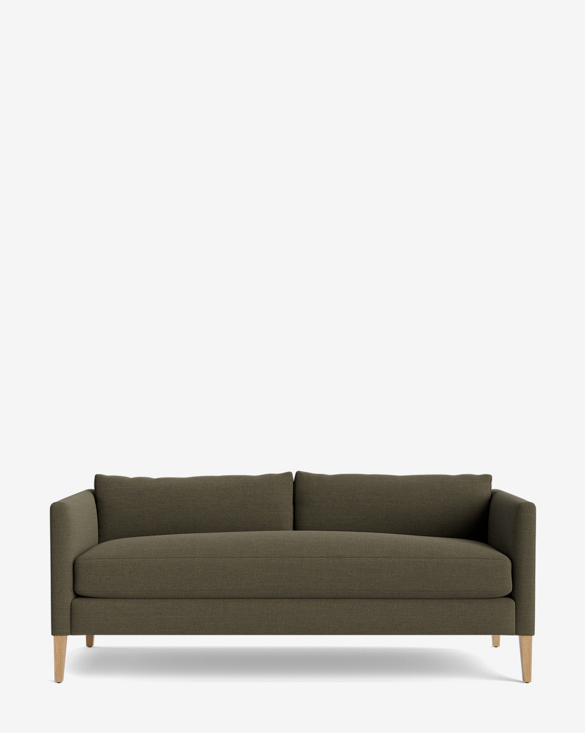 The Cade Sofa 80 is a modern, down-wrapped olive green sofa with clean lines, two back cushions, and light wooden legs, shown against a plain white background by McGee & Co.