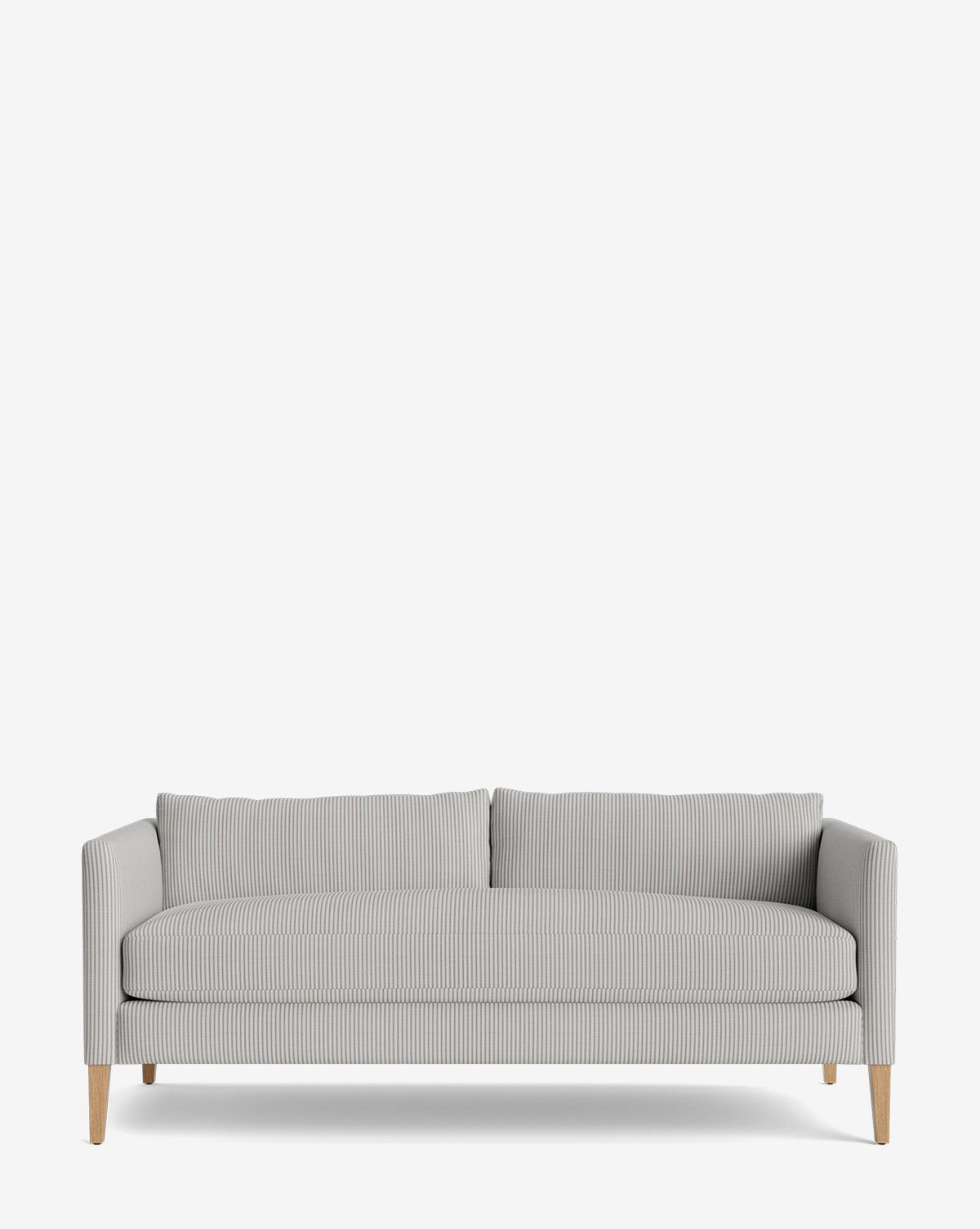The Cade Sofa 80 features a modern design with light gray stripes, wooden legs, two backrest cushions, and down-wrapped seat cushions, showcased against a plain white background by McGee & Co.
