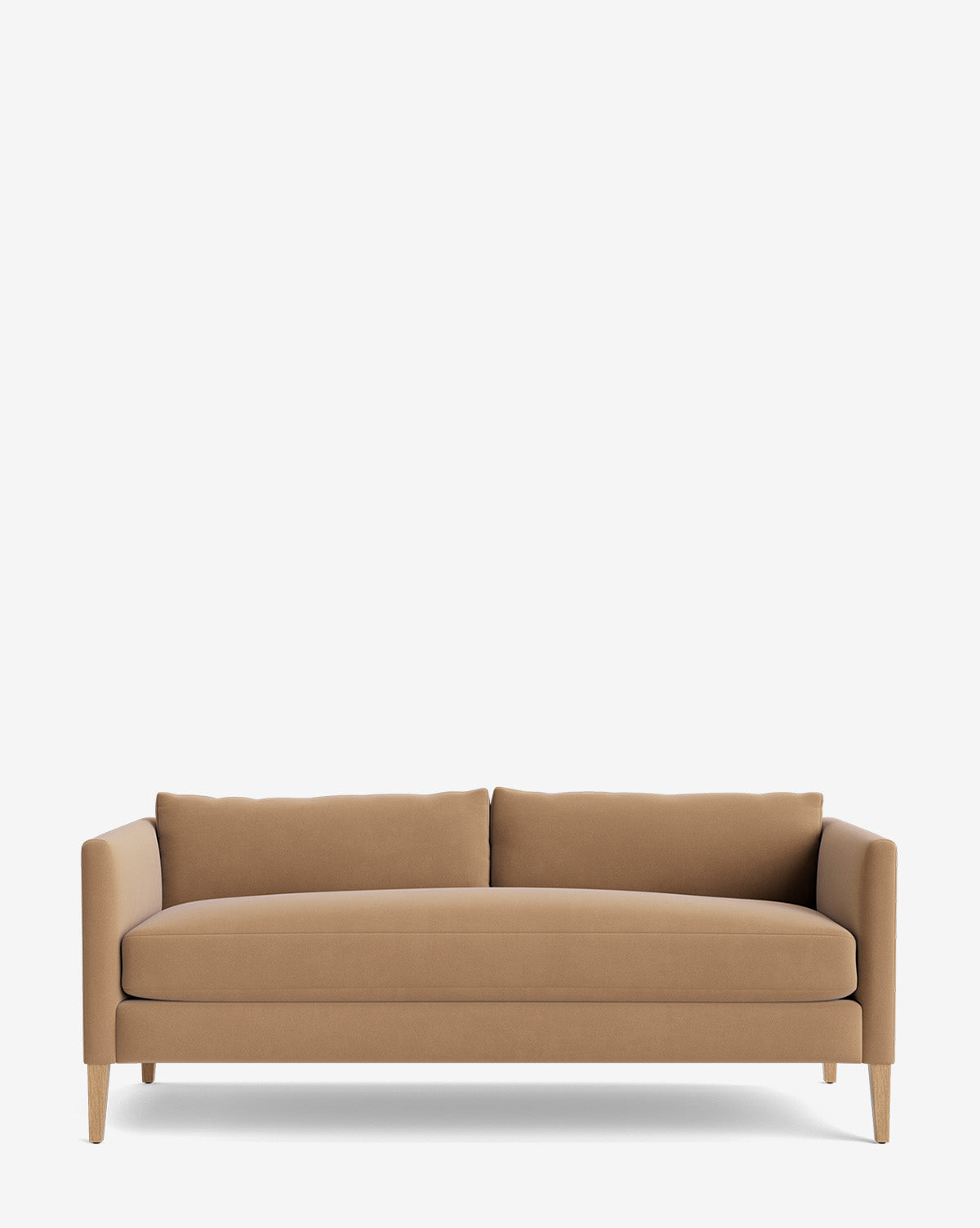 The Cade Sofa 80 features a modern design with a light brown single cushion, two back cushions, straight arms, and light wooden legs, shown against a plain white background by McGee & Co.