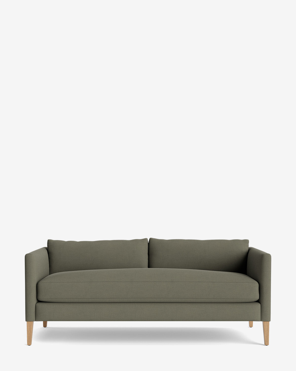The Cade Sofa 80 is a modern, olive green sofa featuring clean lines, wooden legs, square arms, and down-wrapped seat cushions, shown against a plain white background by McGee & Co.