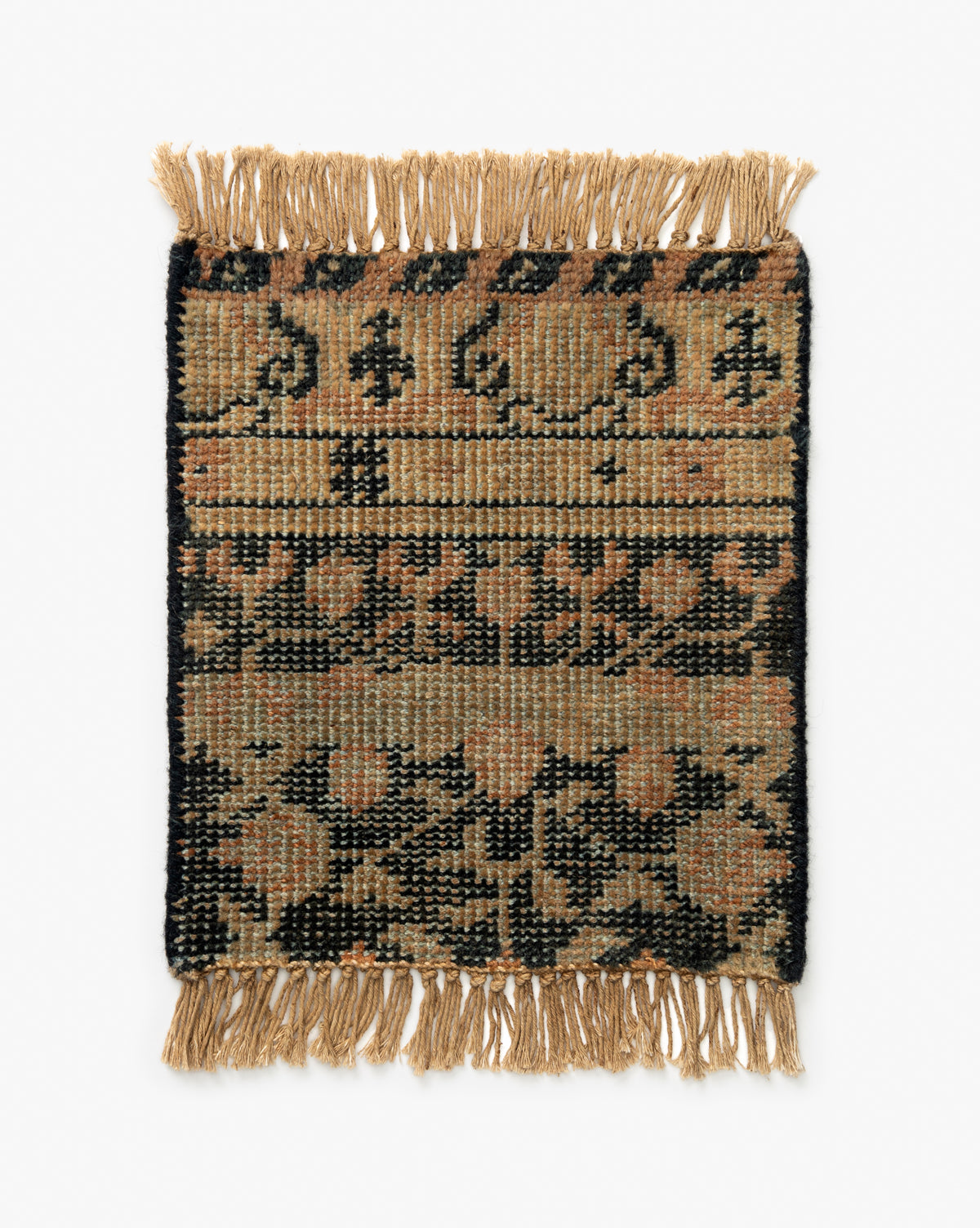 The Campanella Hand-Knotted Wool Rug Swatch features black, brown, and beige geometric and floral patterns in horizontal bands, artisan details, and fringed edges for a traditional look, by McGee & Co.