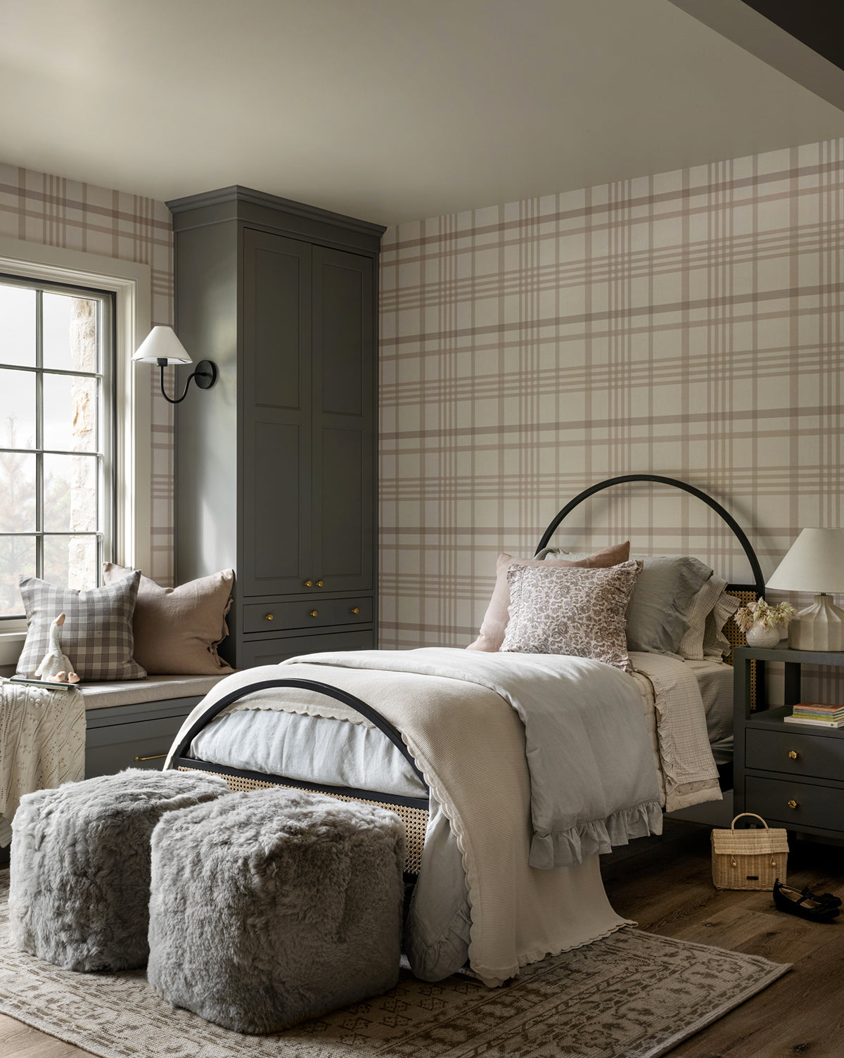 Custom plaid style wallpaper in brown and taupe stripes from McGee & Co.
